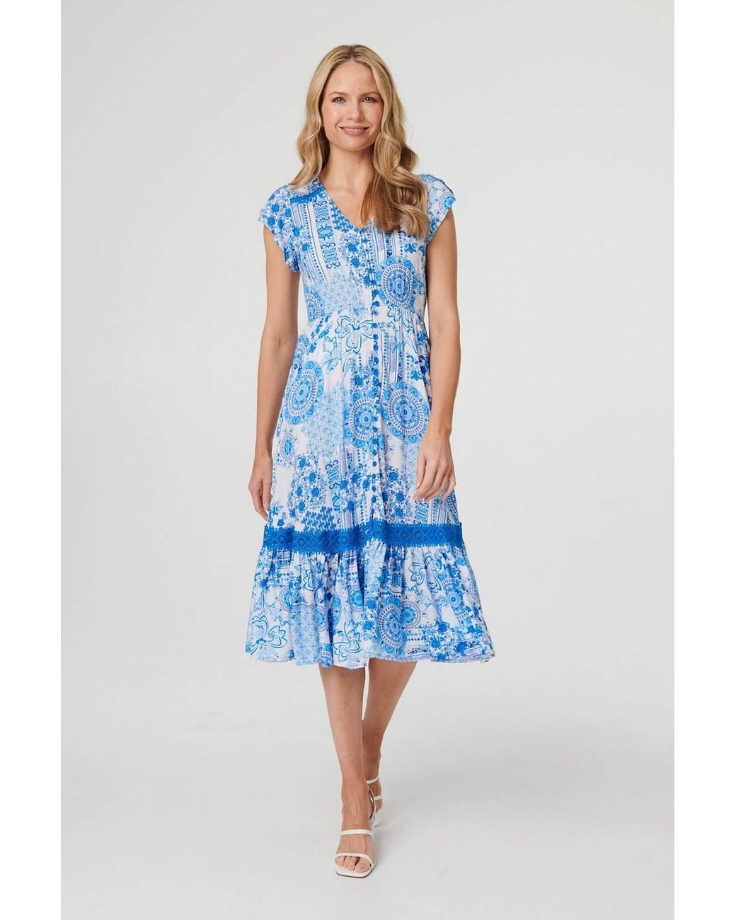 Izabel London Blue Abstract Printed Lace Trim Midi Dress
