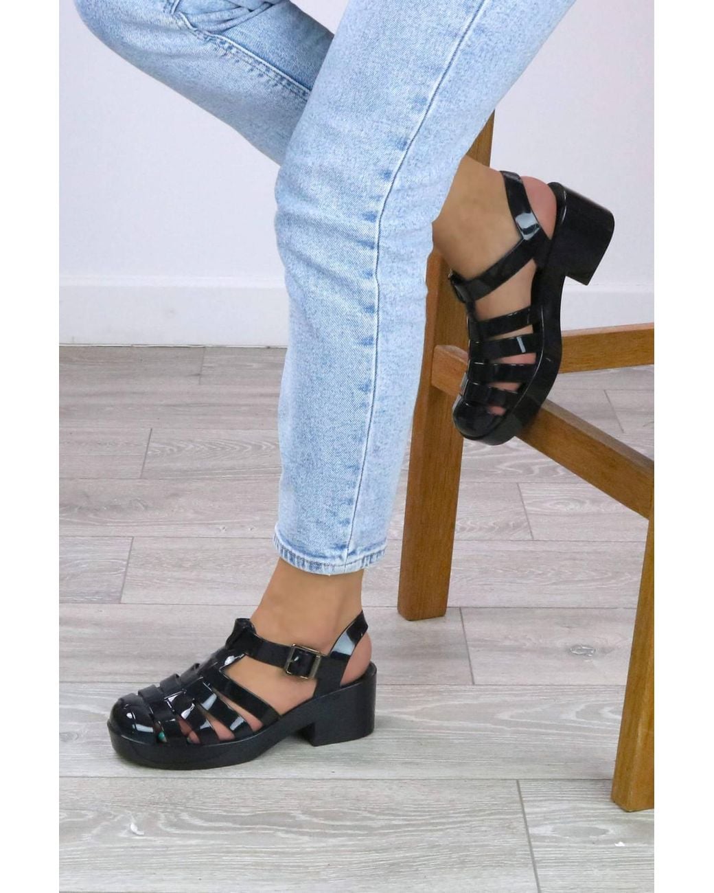 AJVANI Black Mid Heel Gladiator Jelly 90S Retro Fisherman Sandals