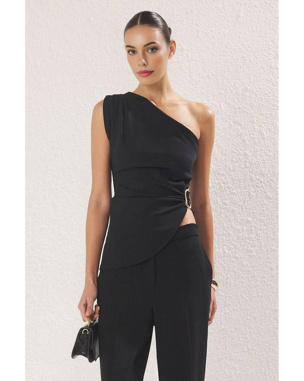 WOVCOR Black One Shoulder Buckle Detail Asymmetric Fitted Top