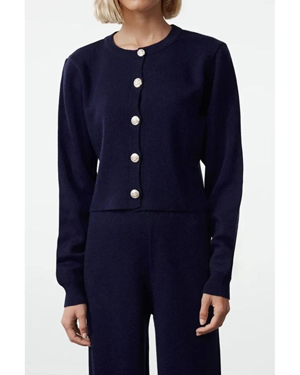 WOVCOR Blue Two-Piece Knit Lounge Set – Cropped Cardigan & Wide-Leg Pants