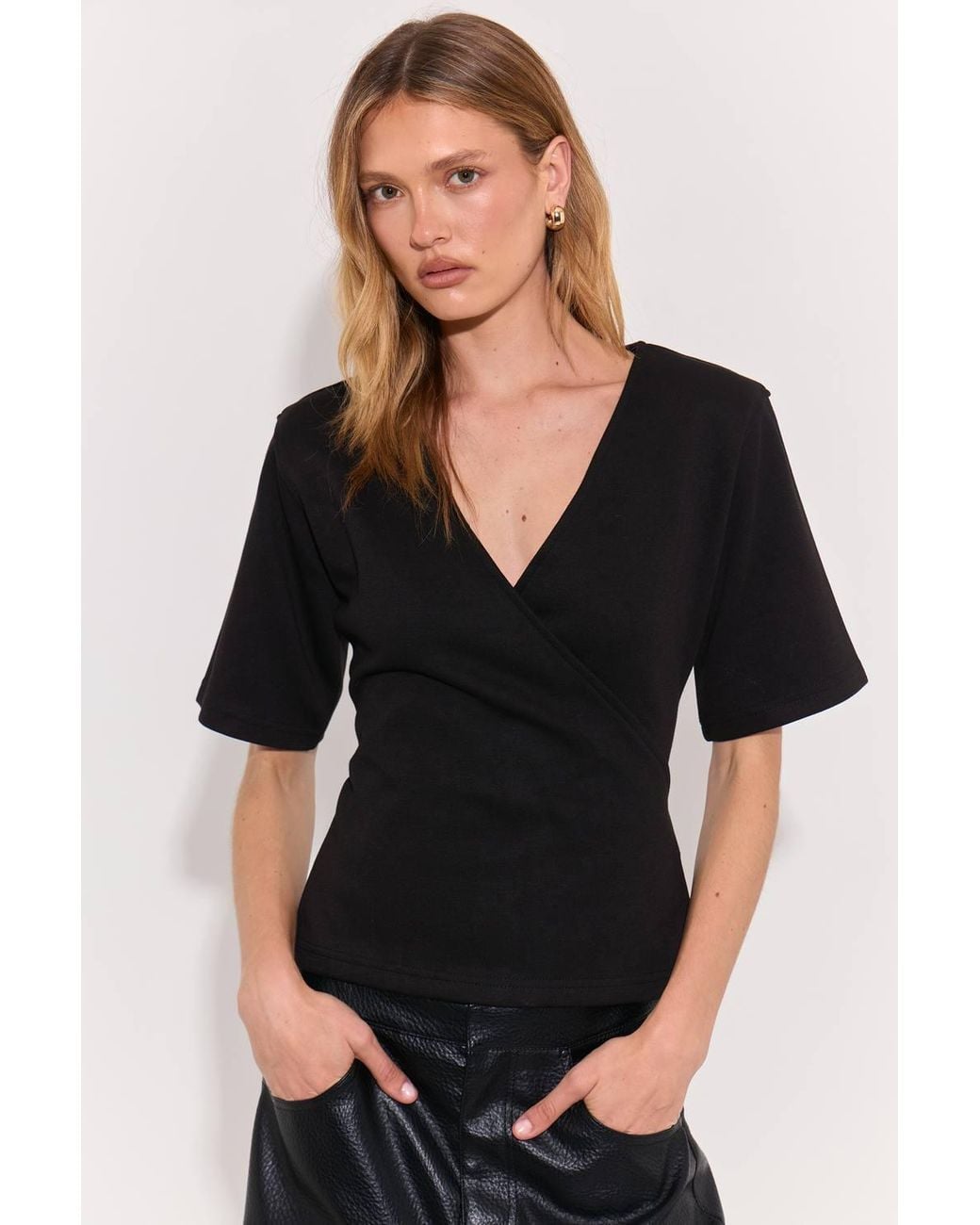 Warehouse Blue Shoulder Pad Fitted Wrap T-Shirt