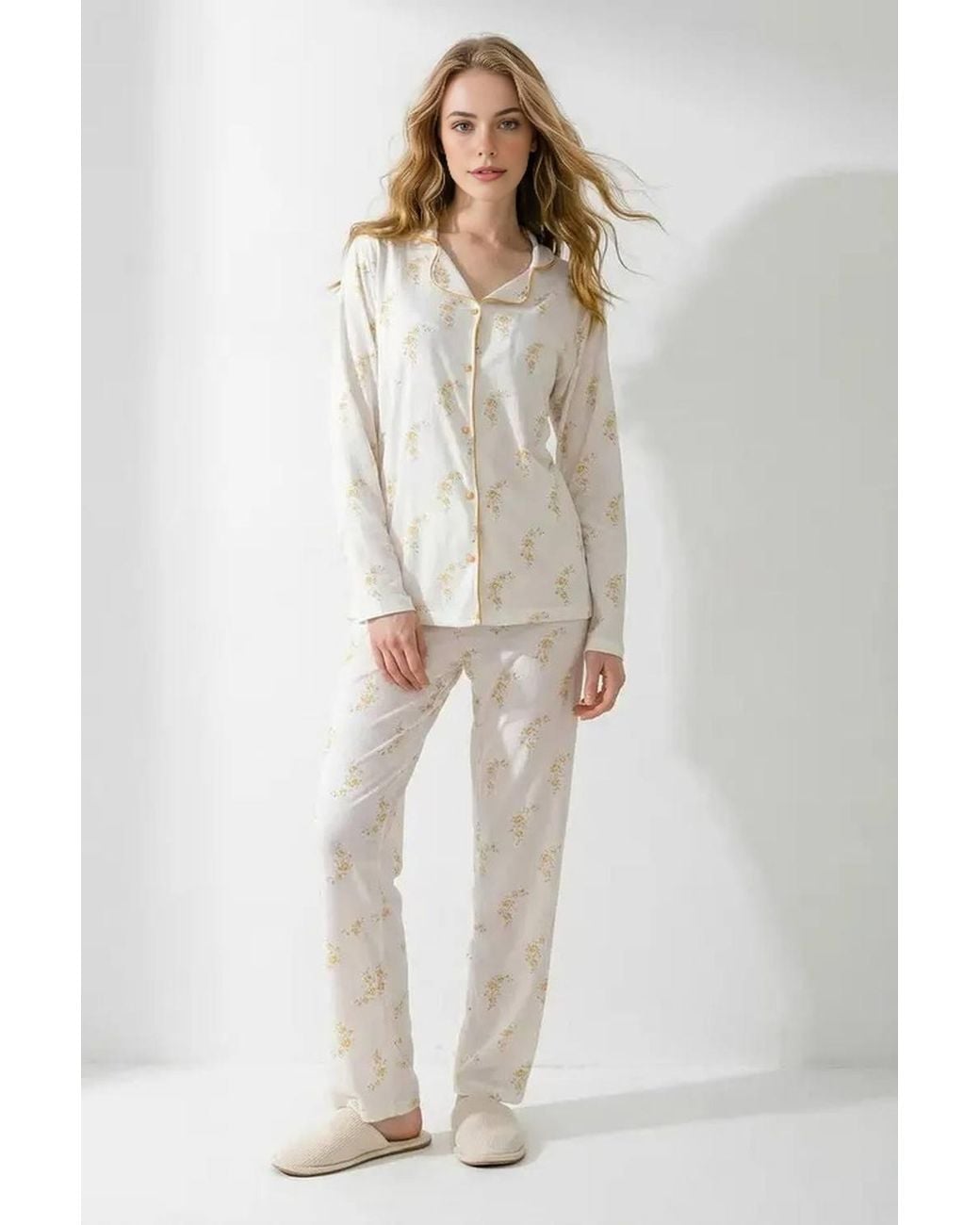 WOVCOR Natural Floral Print Piped Revere Collar Long Sleeve Pyjama Set
