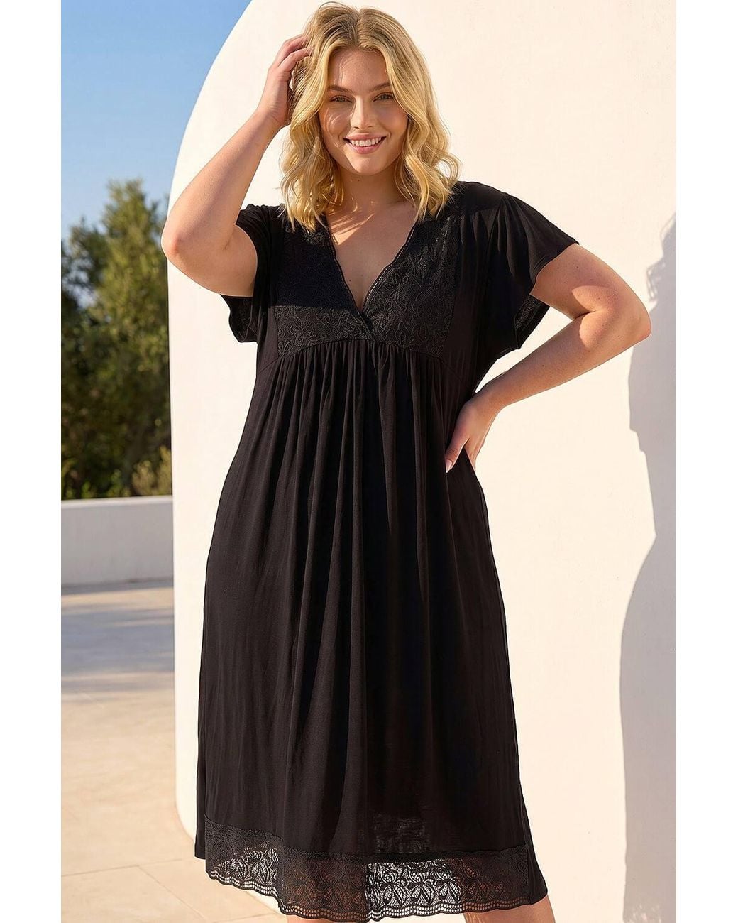 Roman Black Curve Lace V-Neck Midi Dress