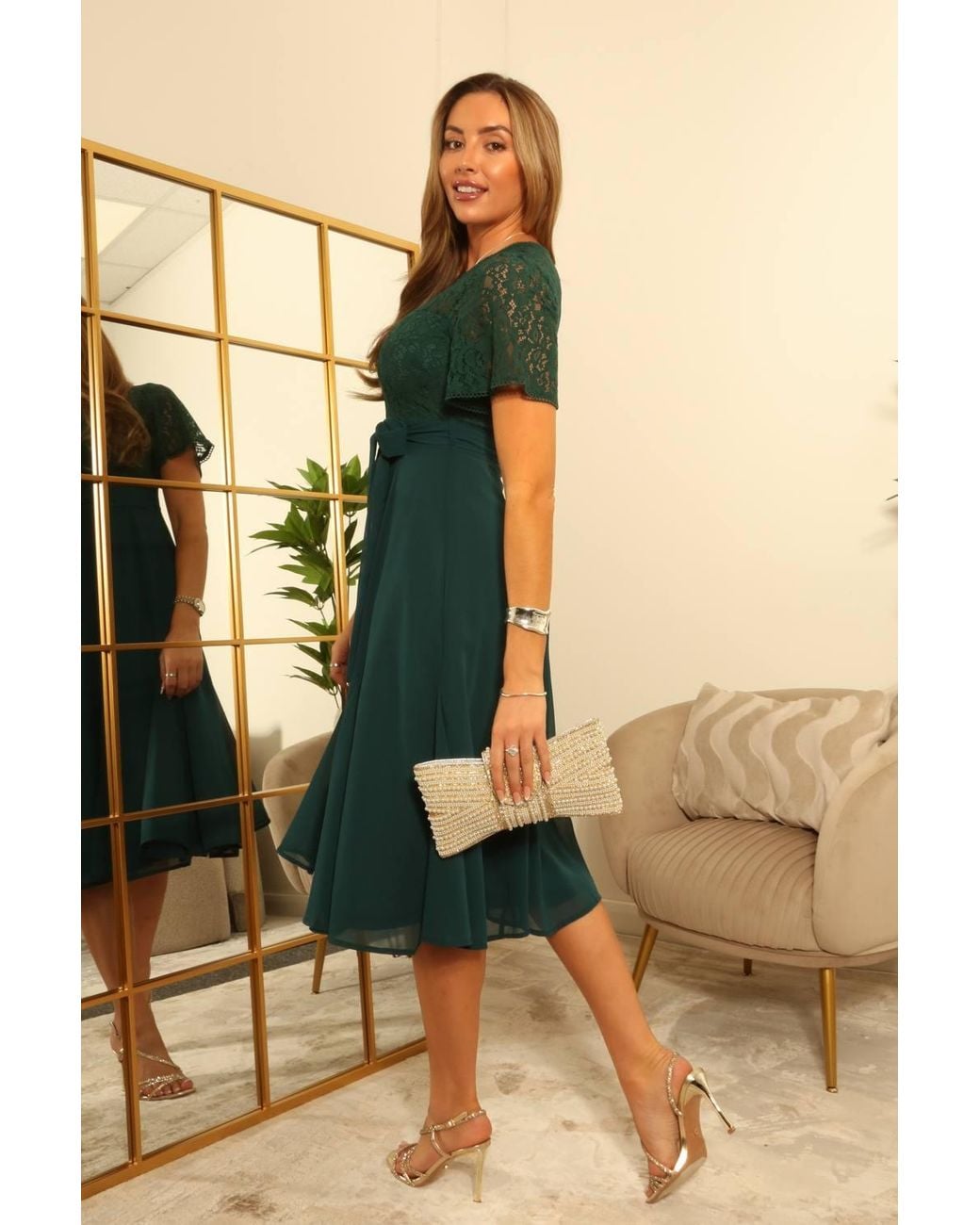 Double Second Blue Lace Top Chiffon Godet Dress