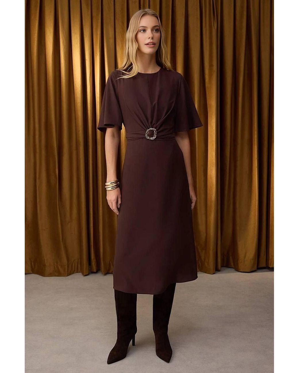 WOVCOR Brown Belted Midi Dress W/ Ring Detail