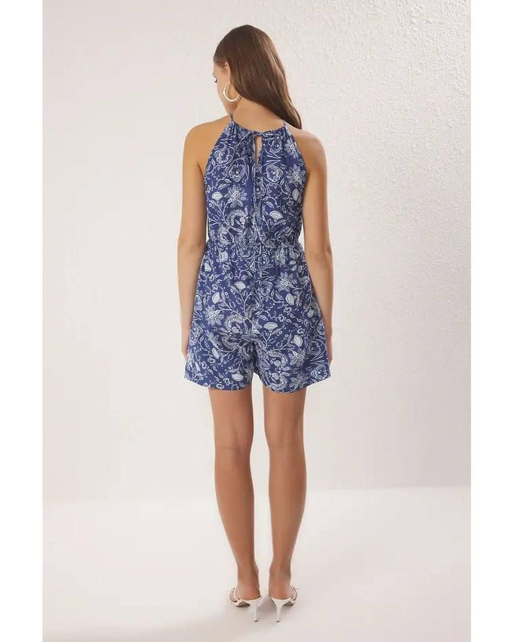 WOVCOR Blue Halter Neck Floral Print Woven Short Jumpsuit