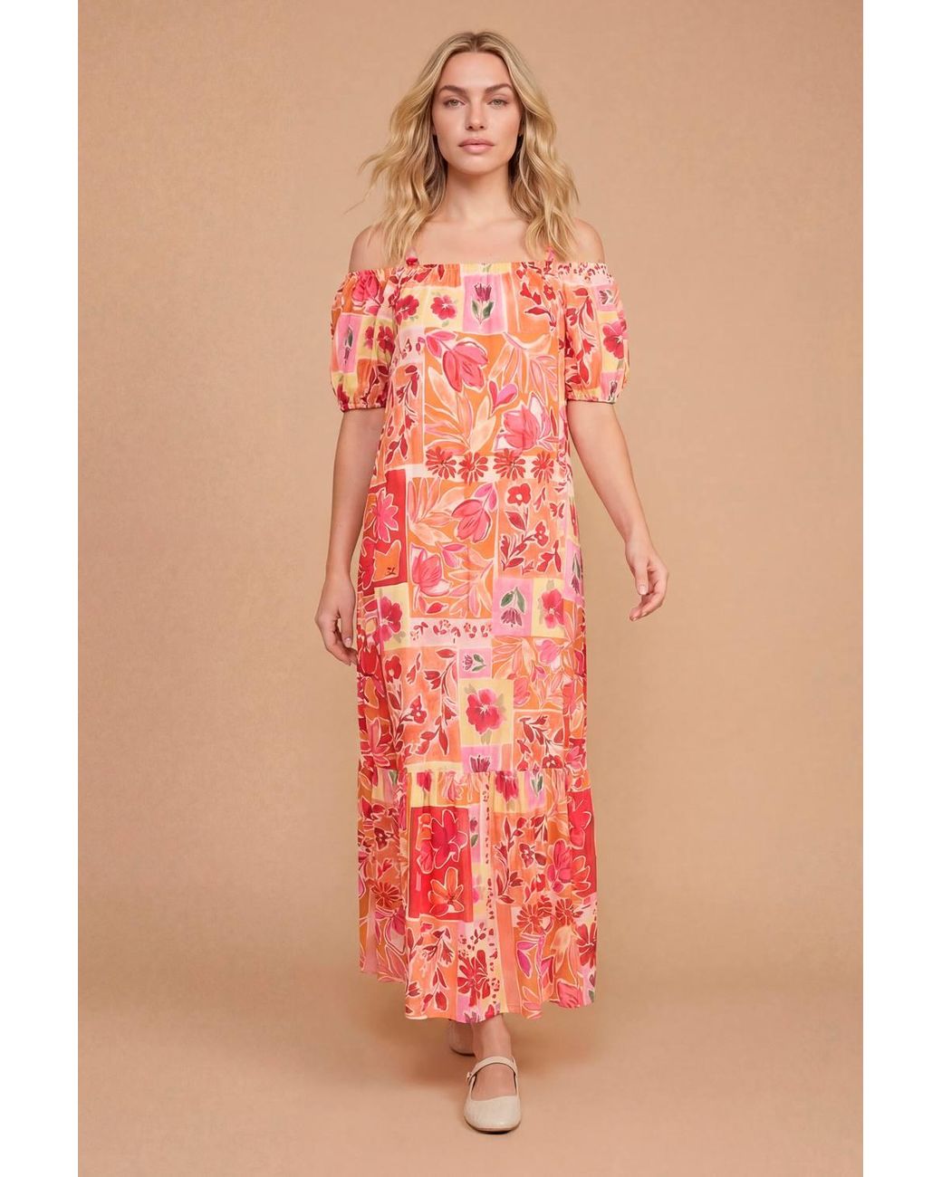 Dorothy Perkins Cold Shoulder Bardot Puff Sleeve Tiered Maxi Dress