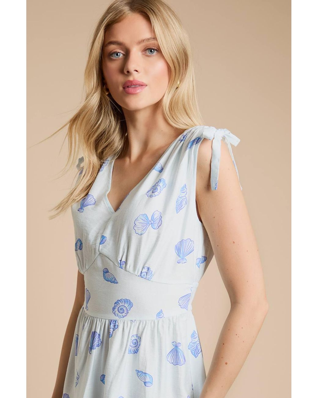 Dorothy Perkins Blue Shell Drawstring Shoulder V Neck Midi Dress