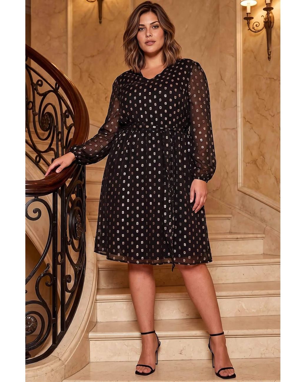 Roman Brown Curve Polka Dot Dress