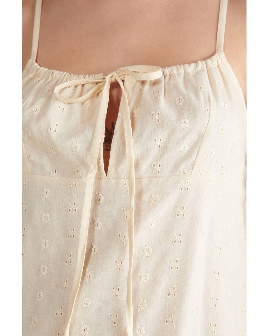 Nasty Gal Natural Broderie Ruched Tie Front Strappy Mini Dress