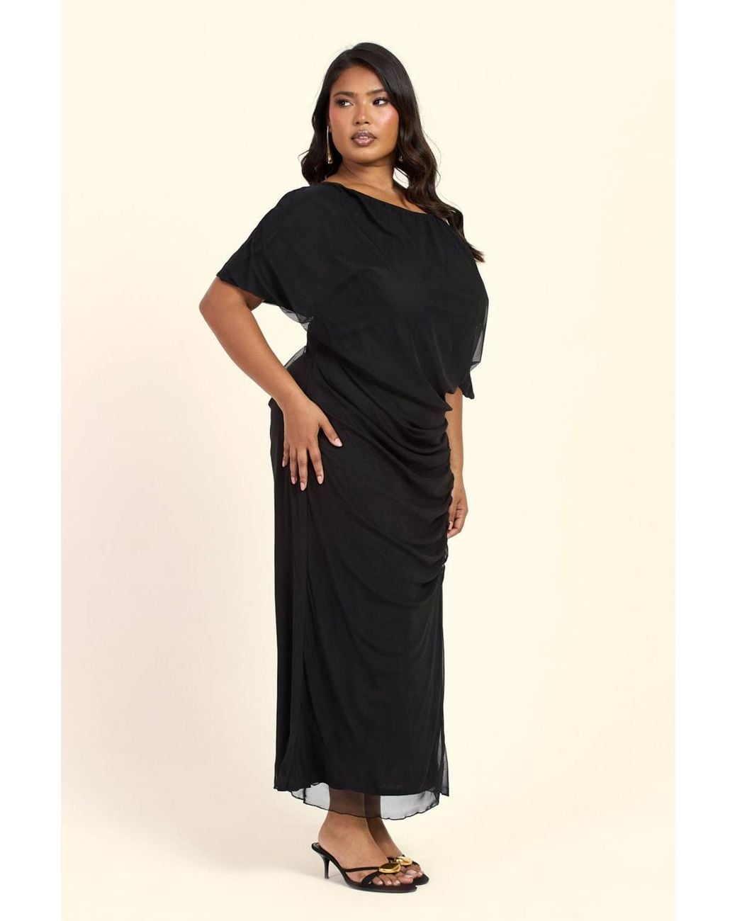 FASHION-SZN Black Curve Drop Shoulder Ruched Mesh Midaxi Dress