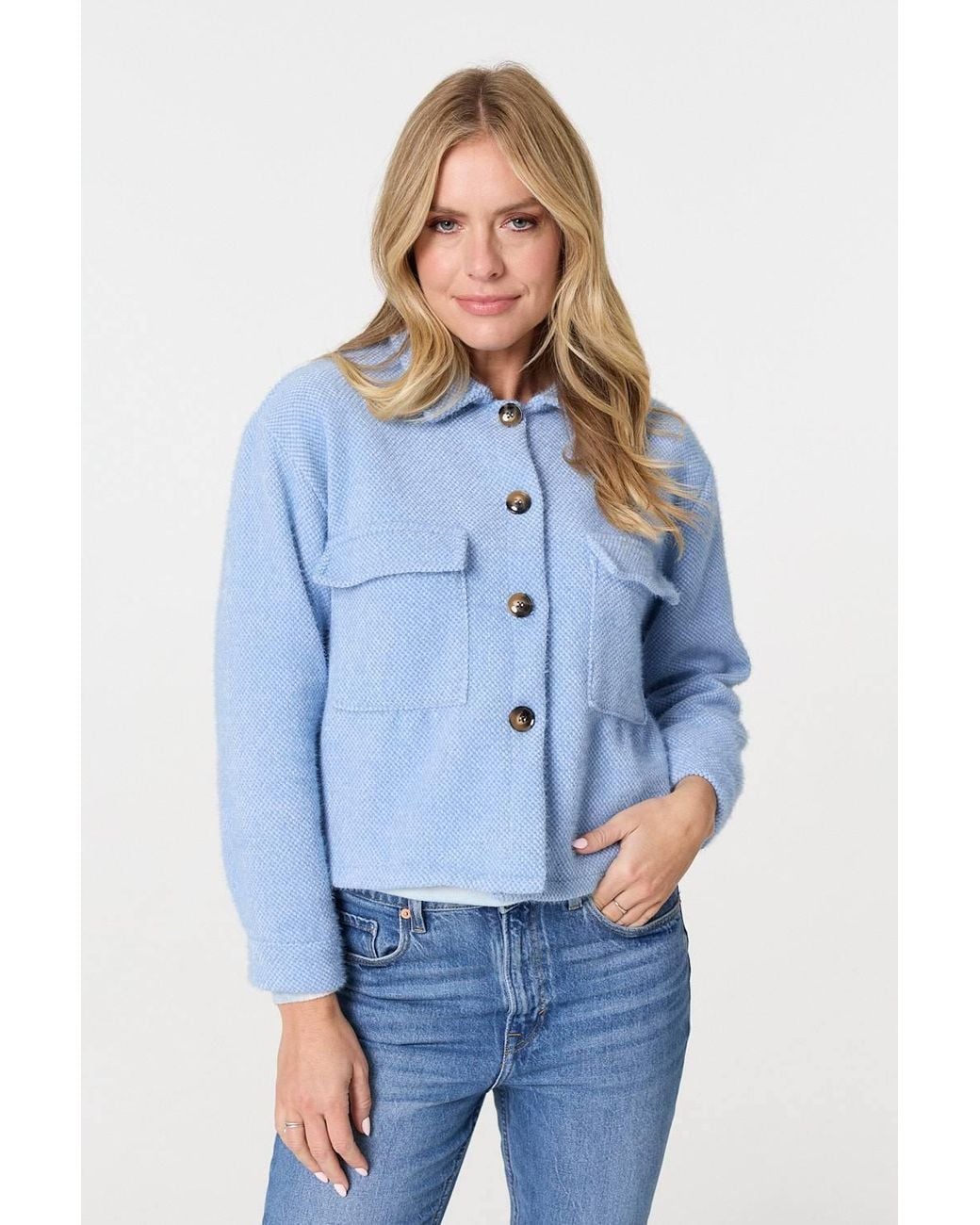 Izabel London Blue Flannel Cropped Pocket Front Shacket Jacket