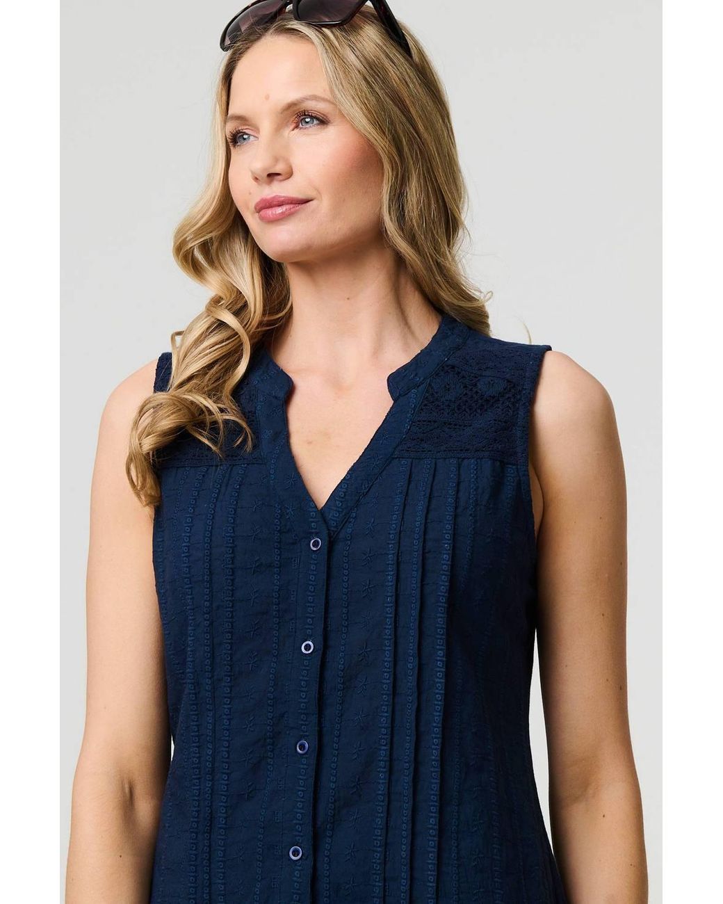 Izabel London Blue Lace Trim Sleeveless V-Neck Blouse