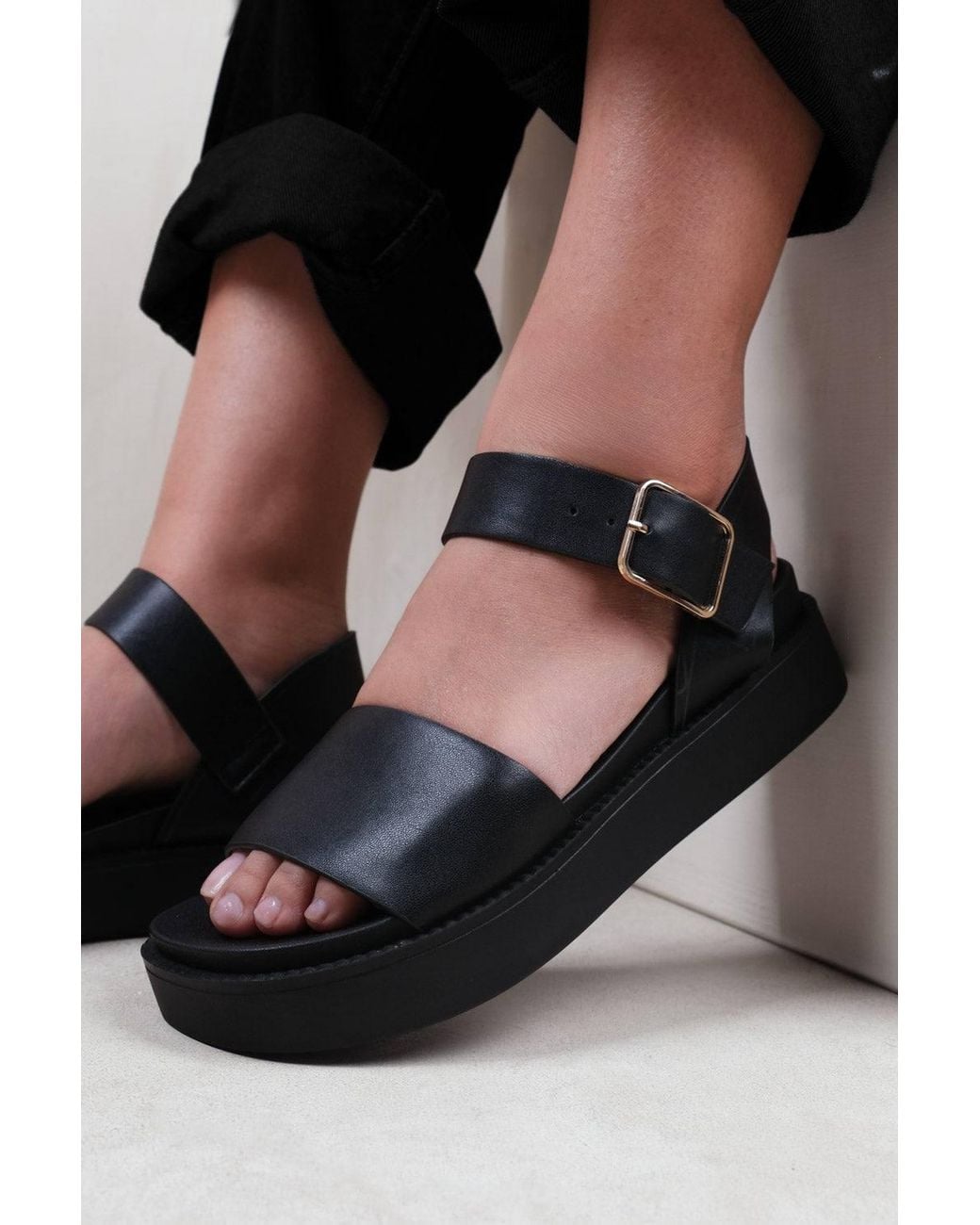 Where's That From Black 'Phoenix' Wide Fit Classic Flat Sandals W/ Strap & Buckle Detail