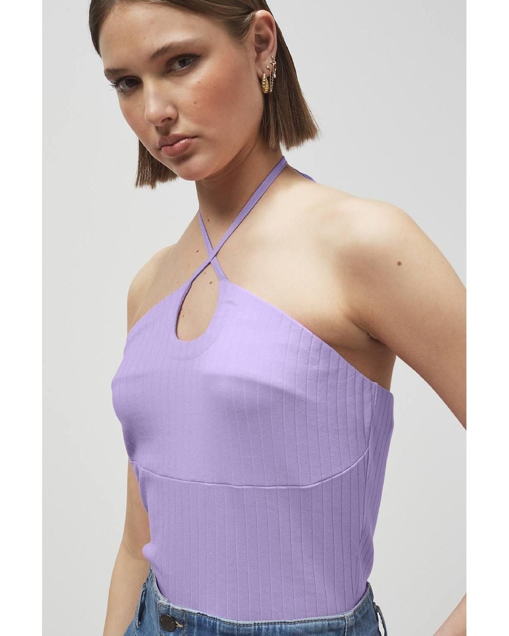 Enorsia Purple Halter Neck Ribbed Cami Vest Top