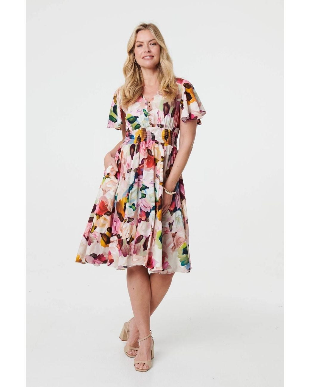 Izabel London White Floral Short Puff Sleeve Midi Dress