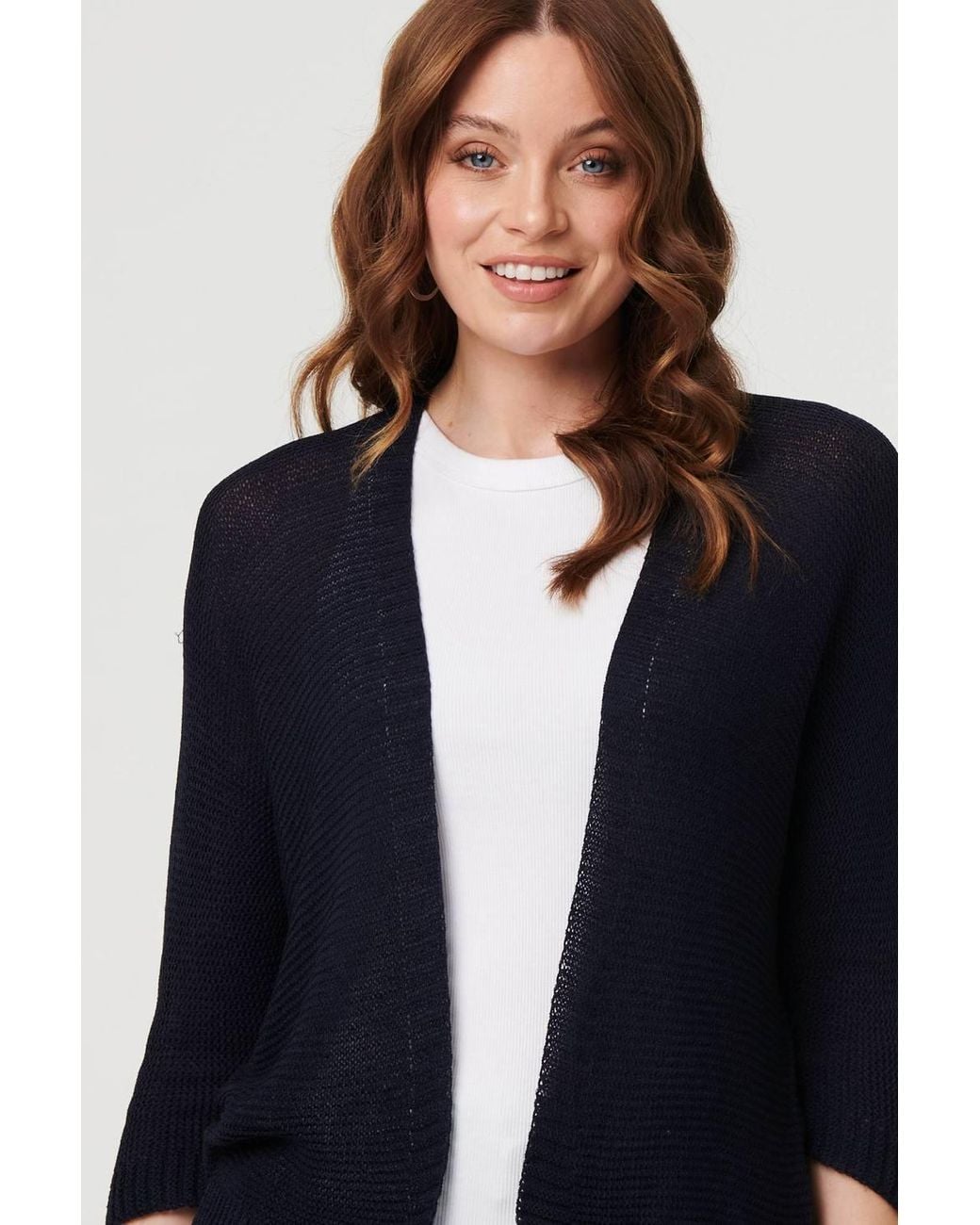 Izabel London Blue Mesh Cropped 3/4 Sleeve Open Cardigan