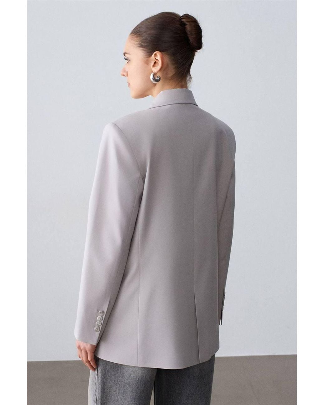 Dilvin Gray Long Crepe Blazer Jacket