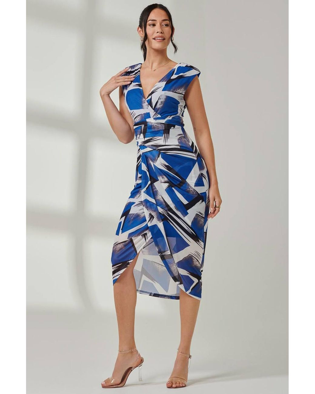 Jolie Moi Blue Mesh Wrap Ruched Bodycon Dress