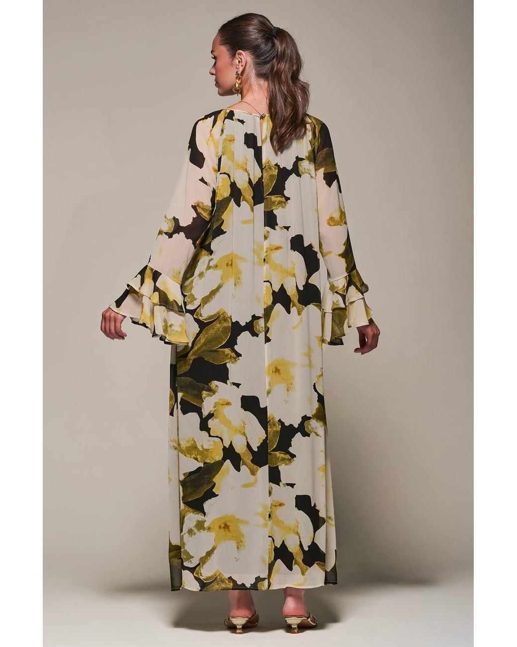 Jolie Moi Natural Chiffon Long Sleeve Shift Maxi Dress