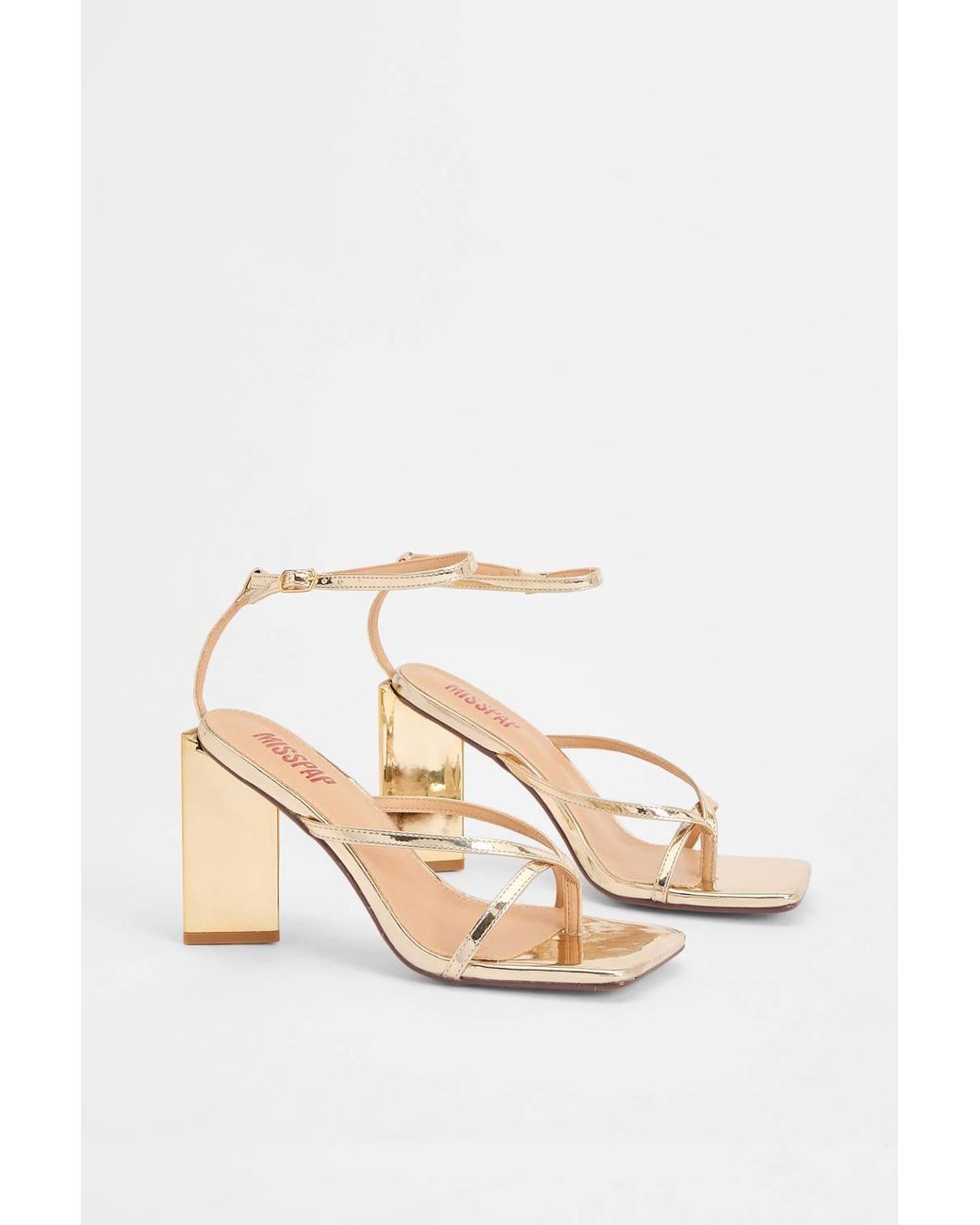 MissPap Brown Faux Metallic Leather Cross Strap Toe Post High Block Heel Sandals