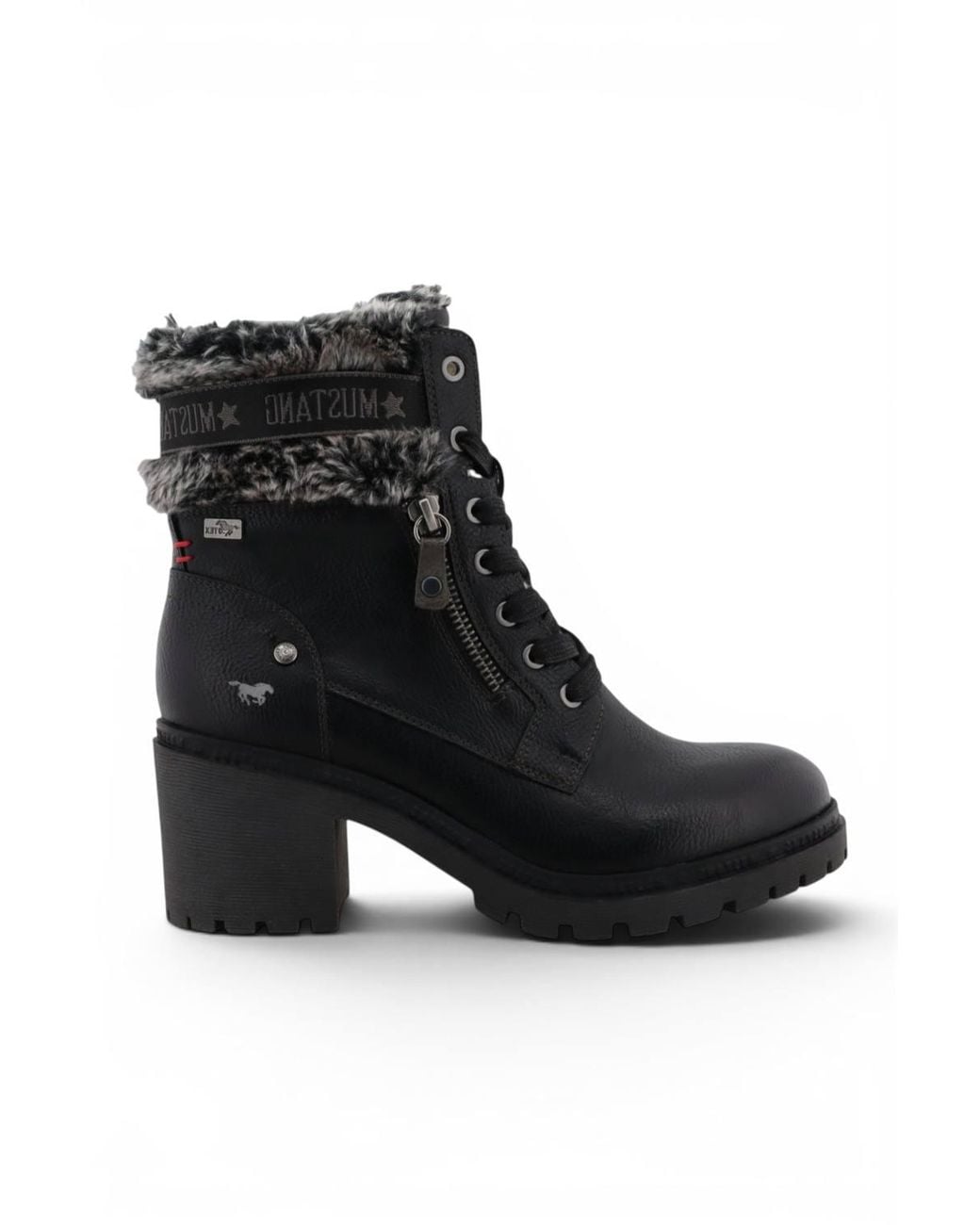 Infinity Leather Black Mustang Winter Warm Heeled Lace-Up Boots