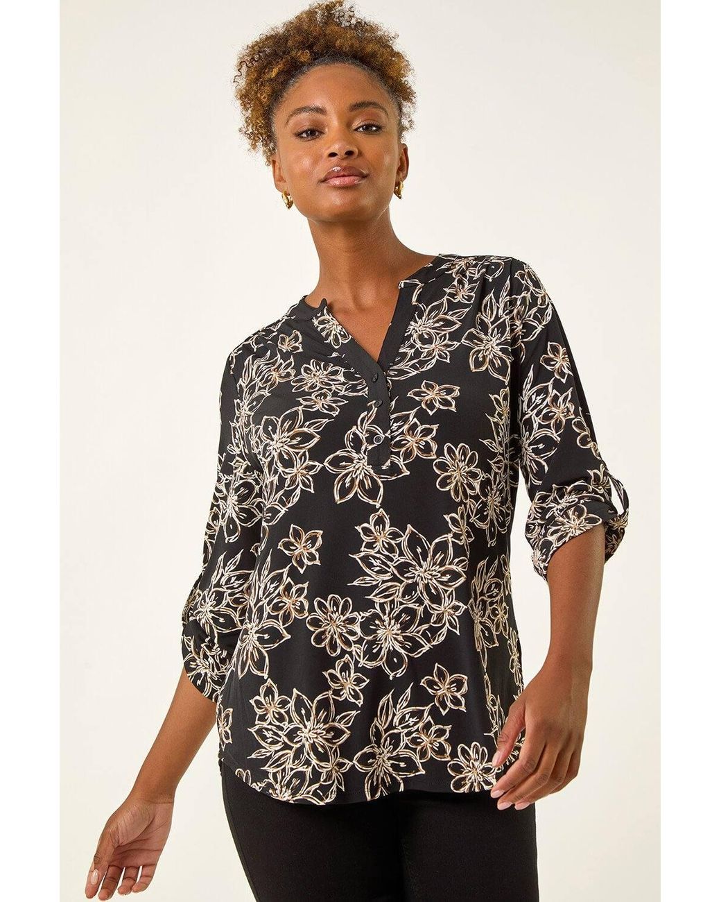 Roman Black Floral Puff Print Stretch Top