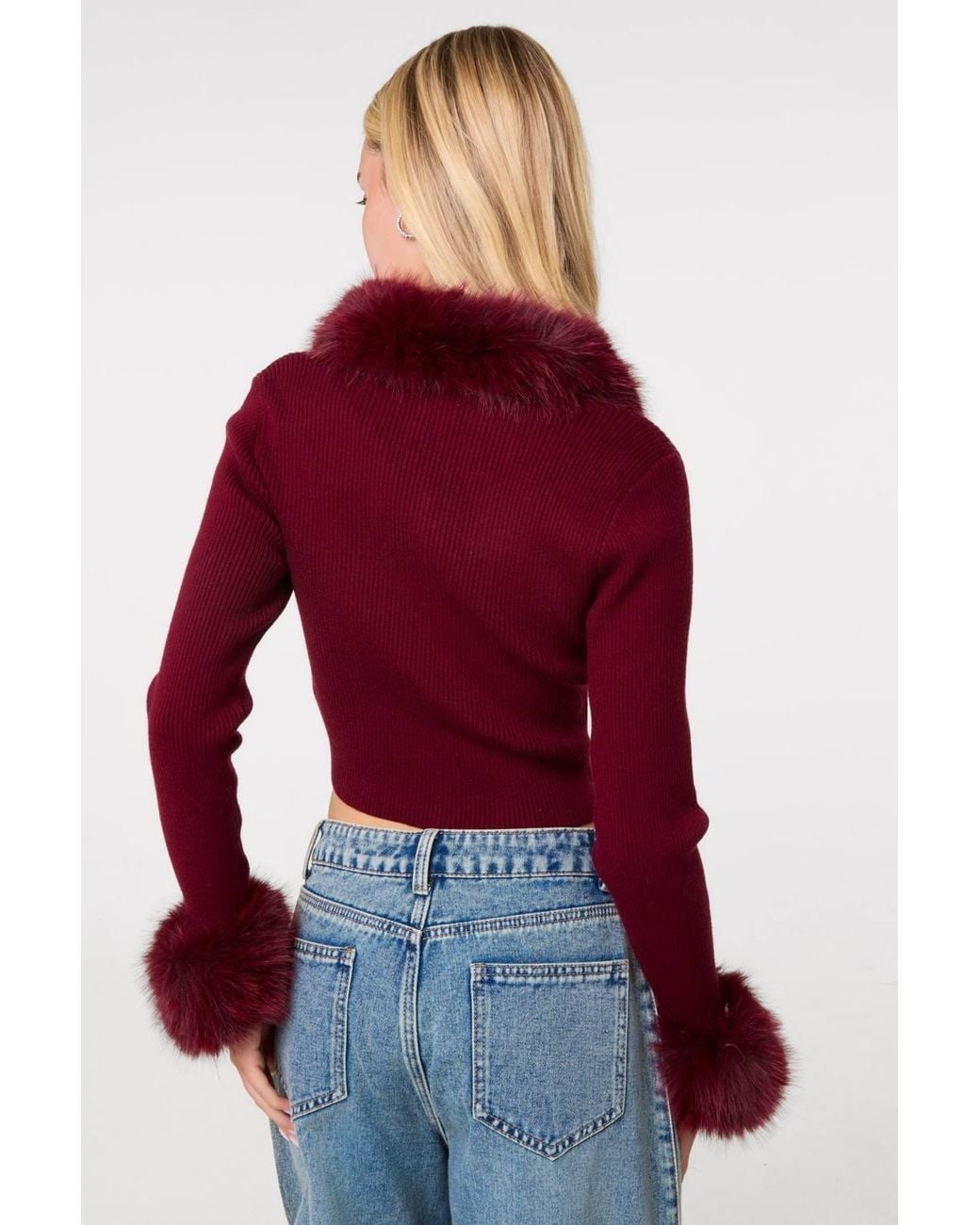 Pink Vanilla Red Fur Trim Zip Through Cardigan