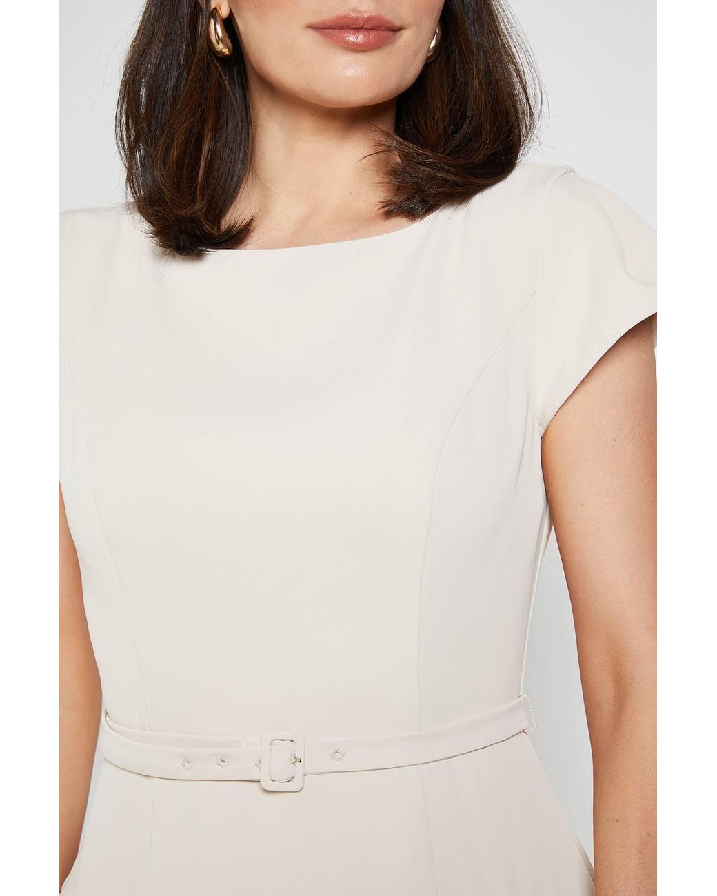 Wallis White Crepe Belted Cap Sleeve Midi Dress