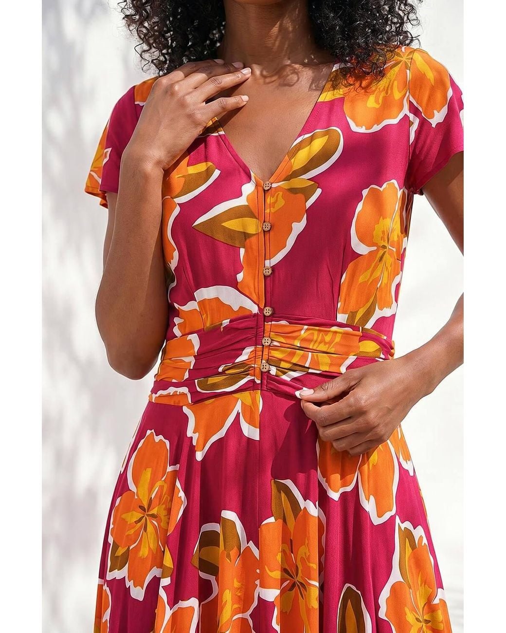 Roman Red Floral Print Ruched Midi Dress