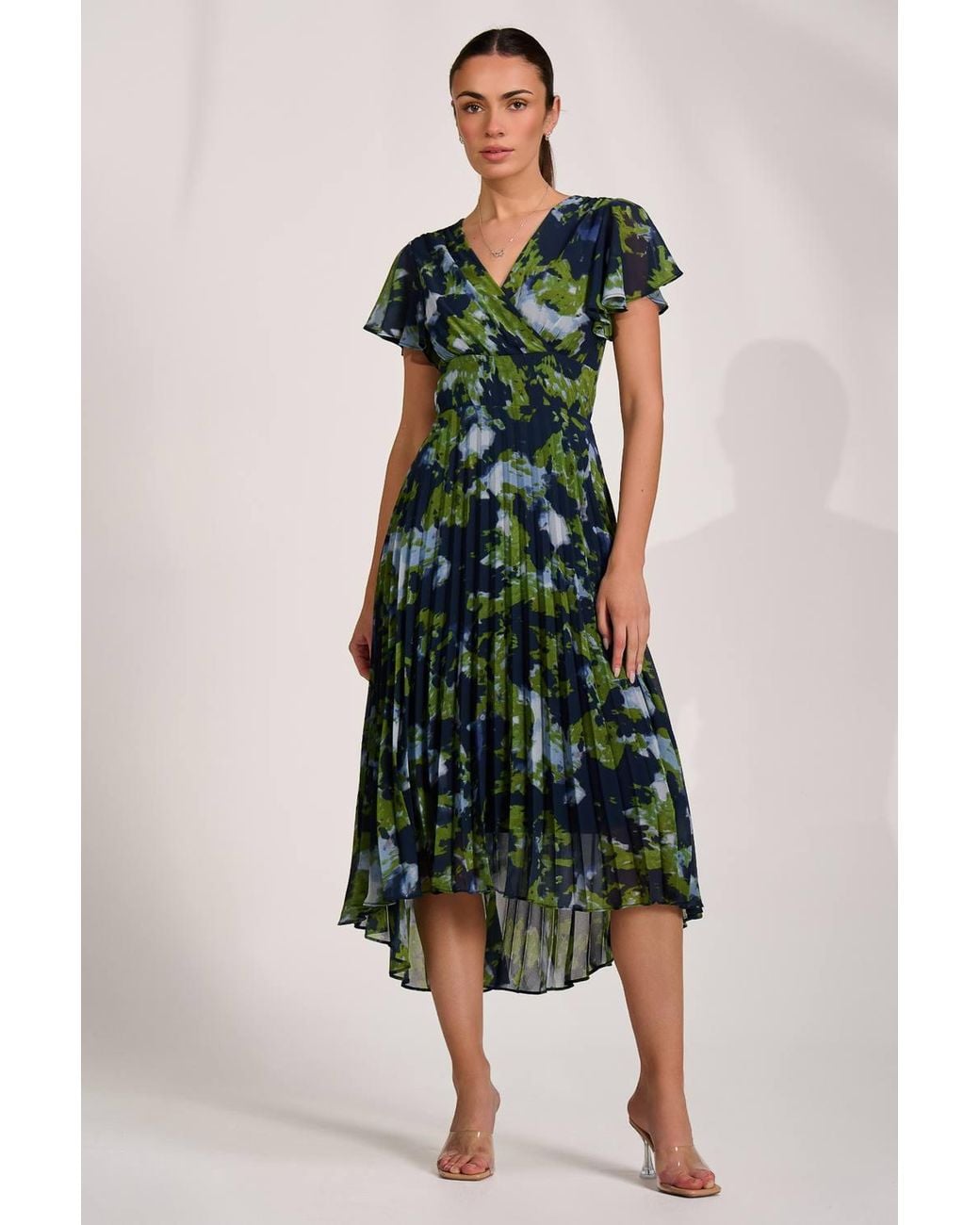 Jolie Moi Green Cap Sleeve Pleated Chiffon Maxi Dress