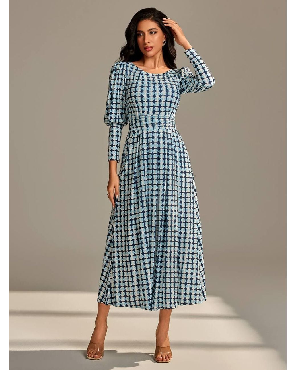 Jolie Moi Blue Long Puff Sleeved Jersey Maxi Dress