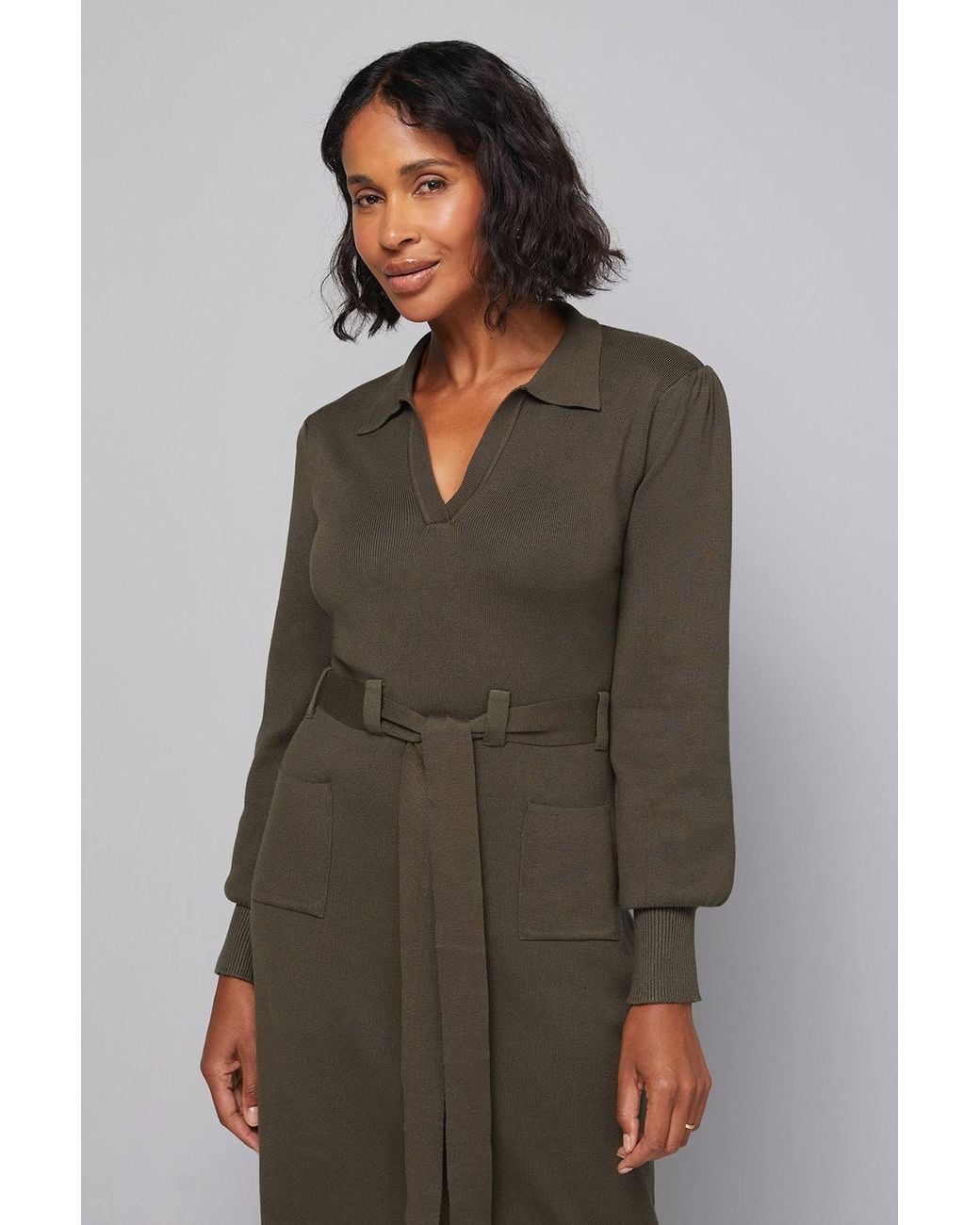 Wallis Green Collared Belted Midi Dress