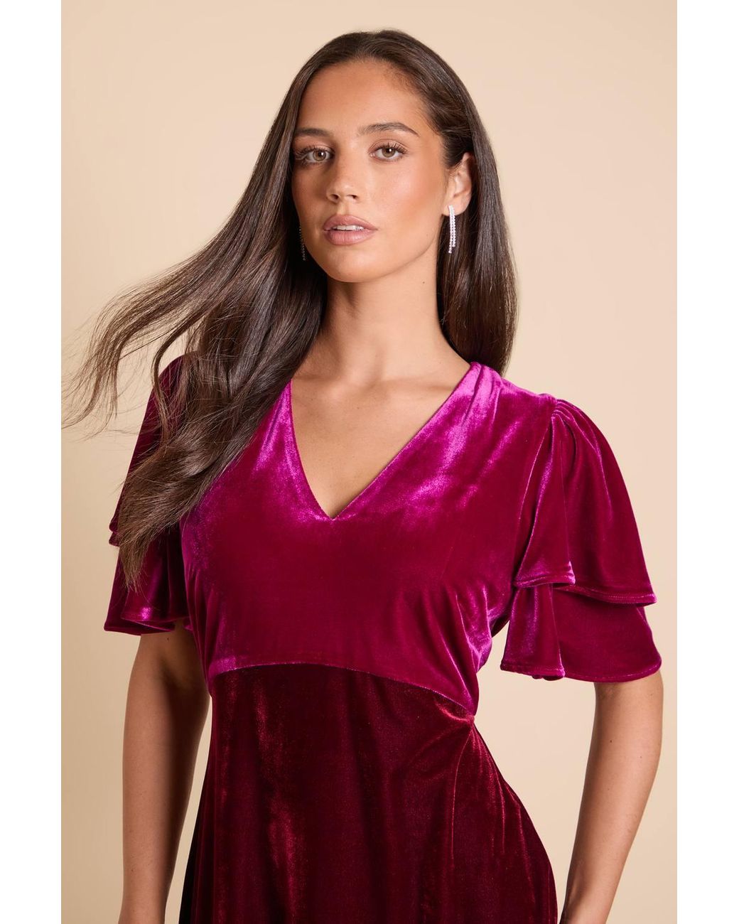 Dorothy Perkins Red Dp Luxe Velvet Double Flutter Colour Block Midi Dress