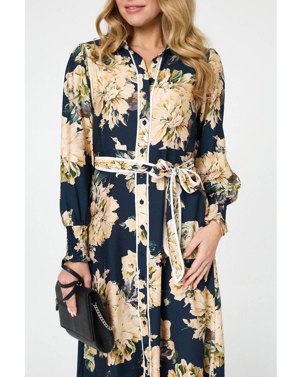 Izabel London White Floral Print Tie Waist Midi Shirt Dress