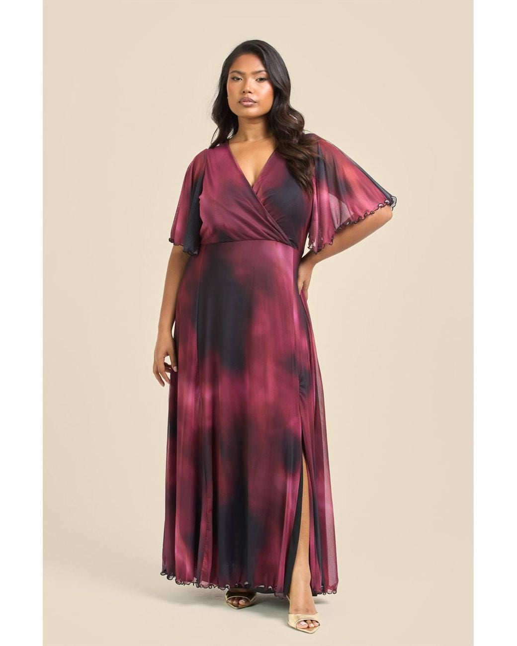 FASHION-SZN Red Curve Angel Sleeve Wrap Front Maxi Dress