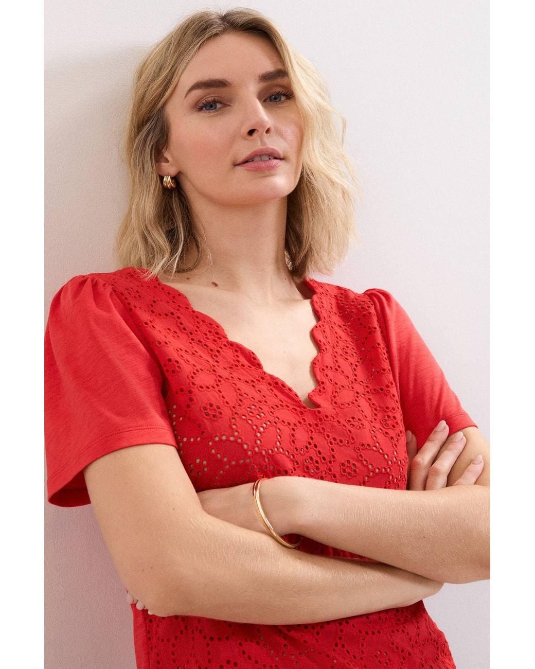 Phase Eight Red Freya Scallop V-Neck T-Shirt