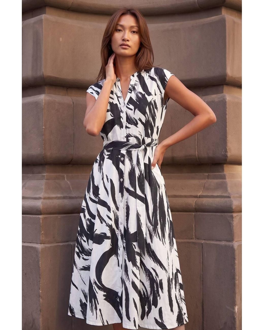 Roman Brown Brushstroke Linen Mix Midi Dress