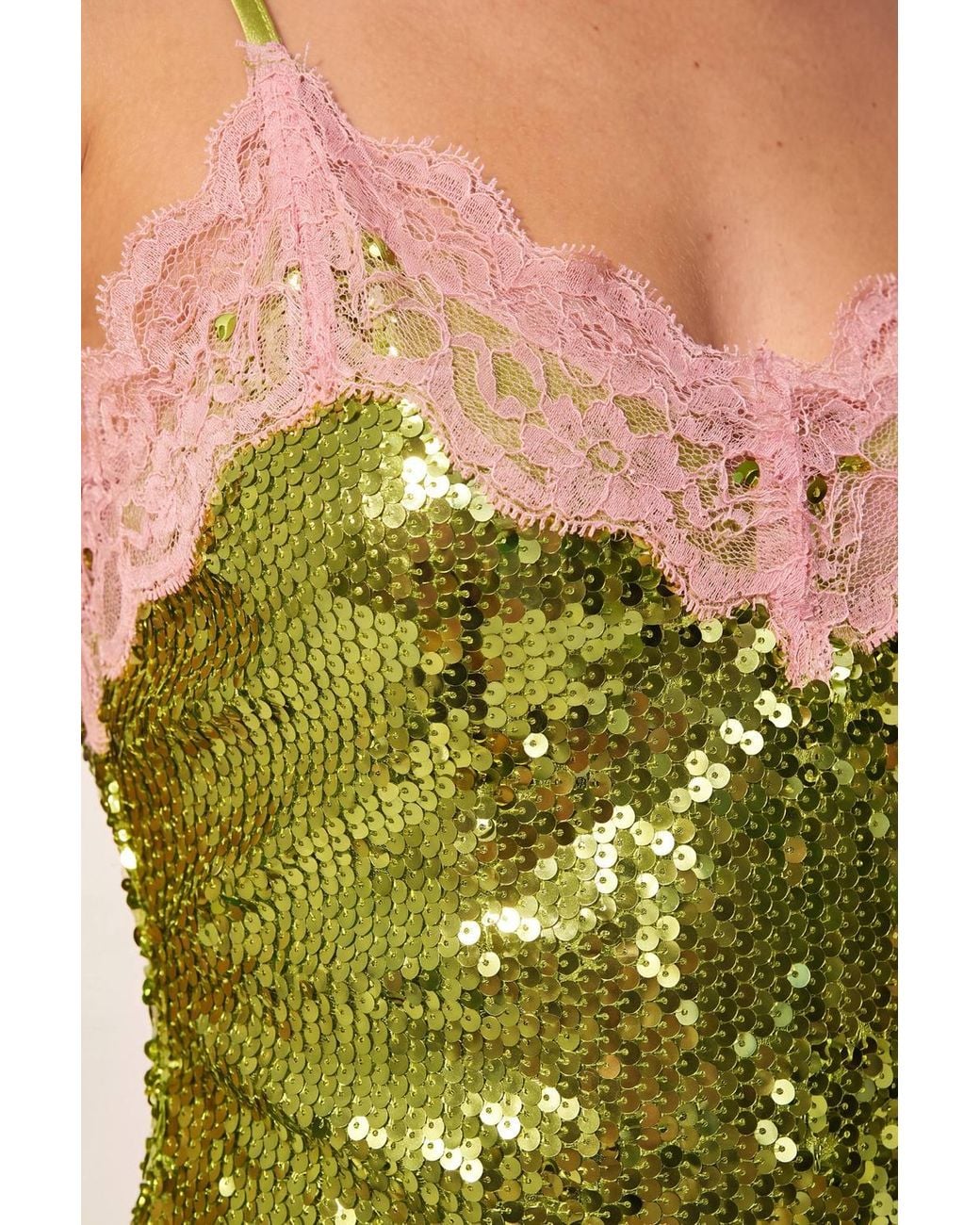 Nasty Gal Green Sequin Contrast Lace Trim Mini Dress