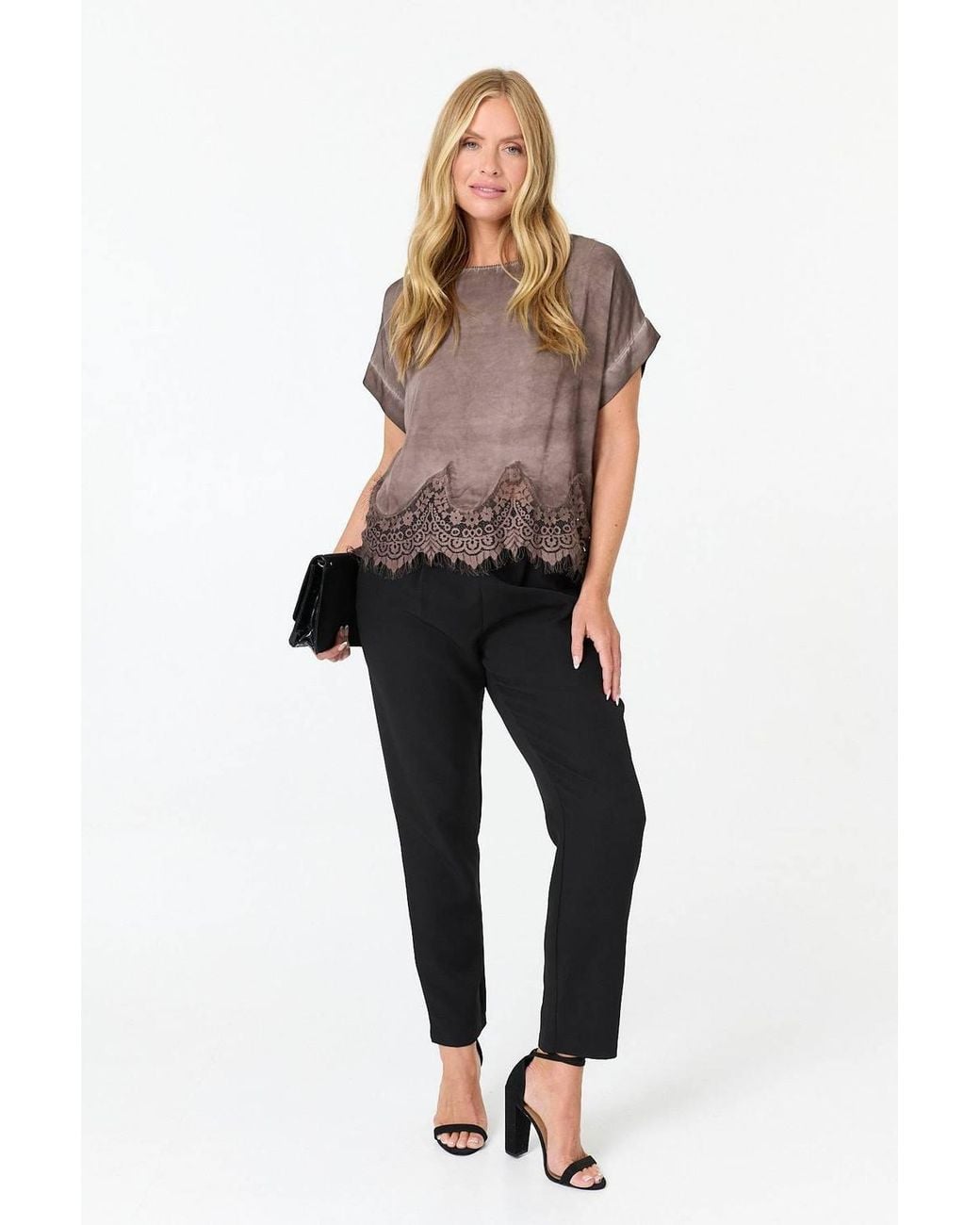 Izabel London Brown Lace Trim Relaxed Cap Sleeve Top