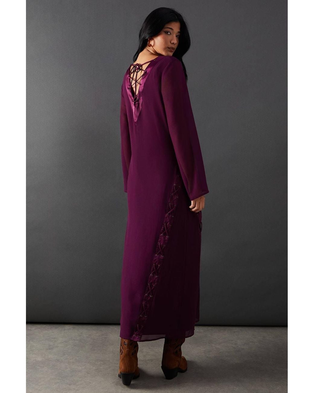 Warehouse Gray Chiffon Lace Up Panelling Midi Dress