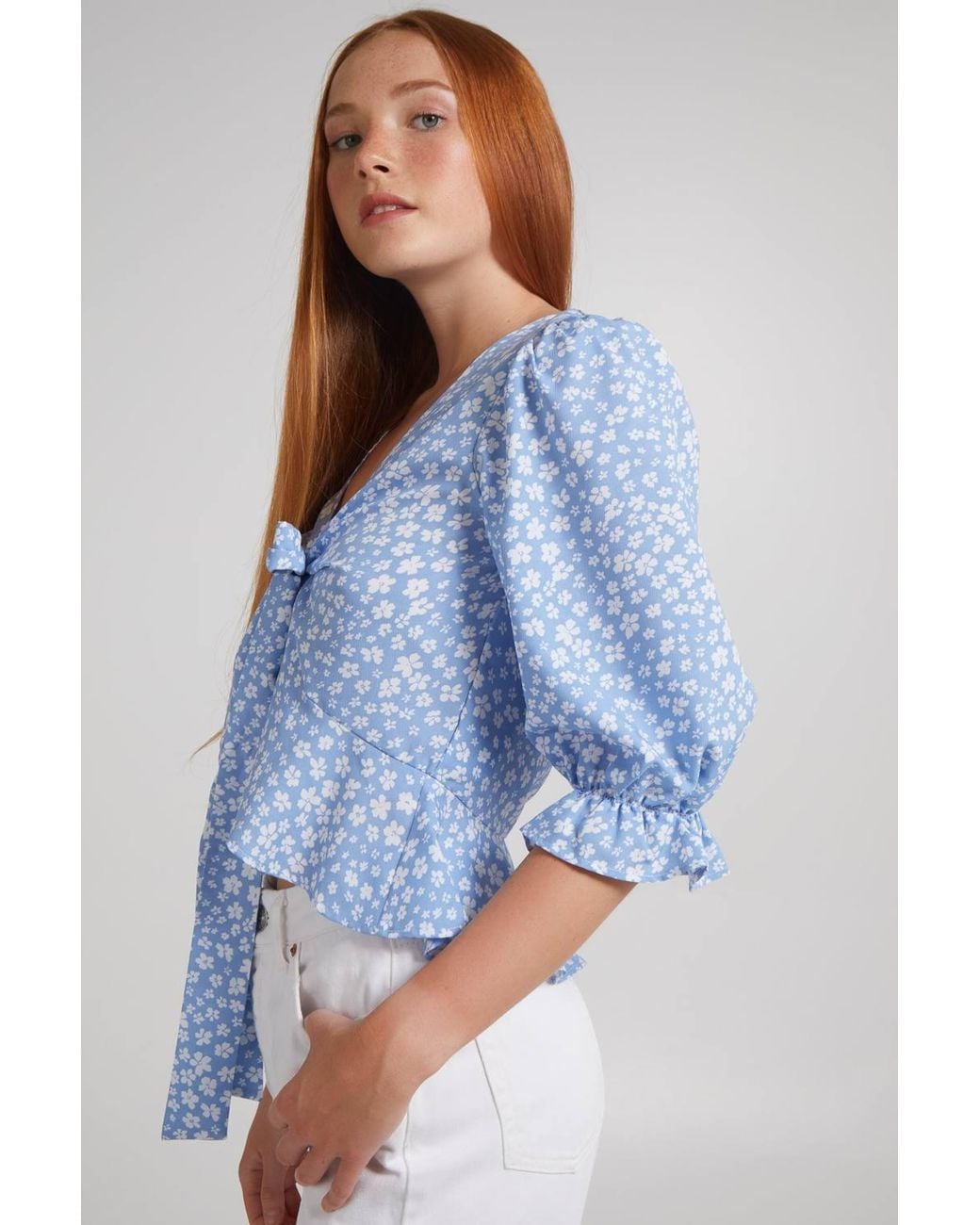 Pink Vanilla Blue Ditsy Print Tie Front Crop Top