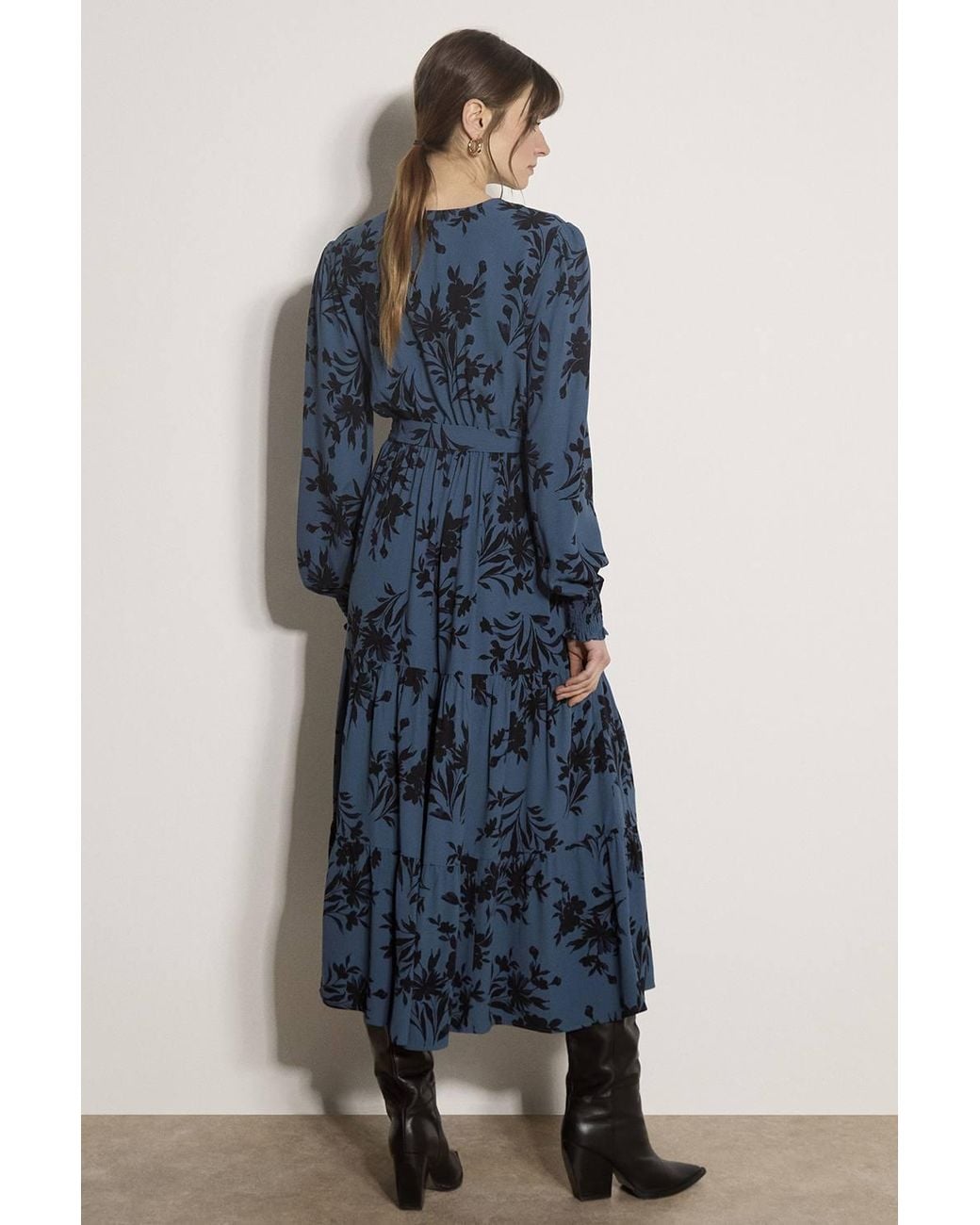 Apricot Blue Floral Crepe Midi Dress