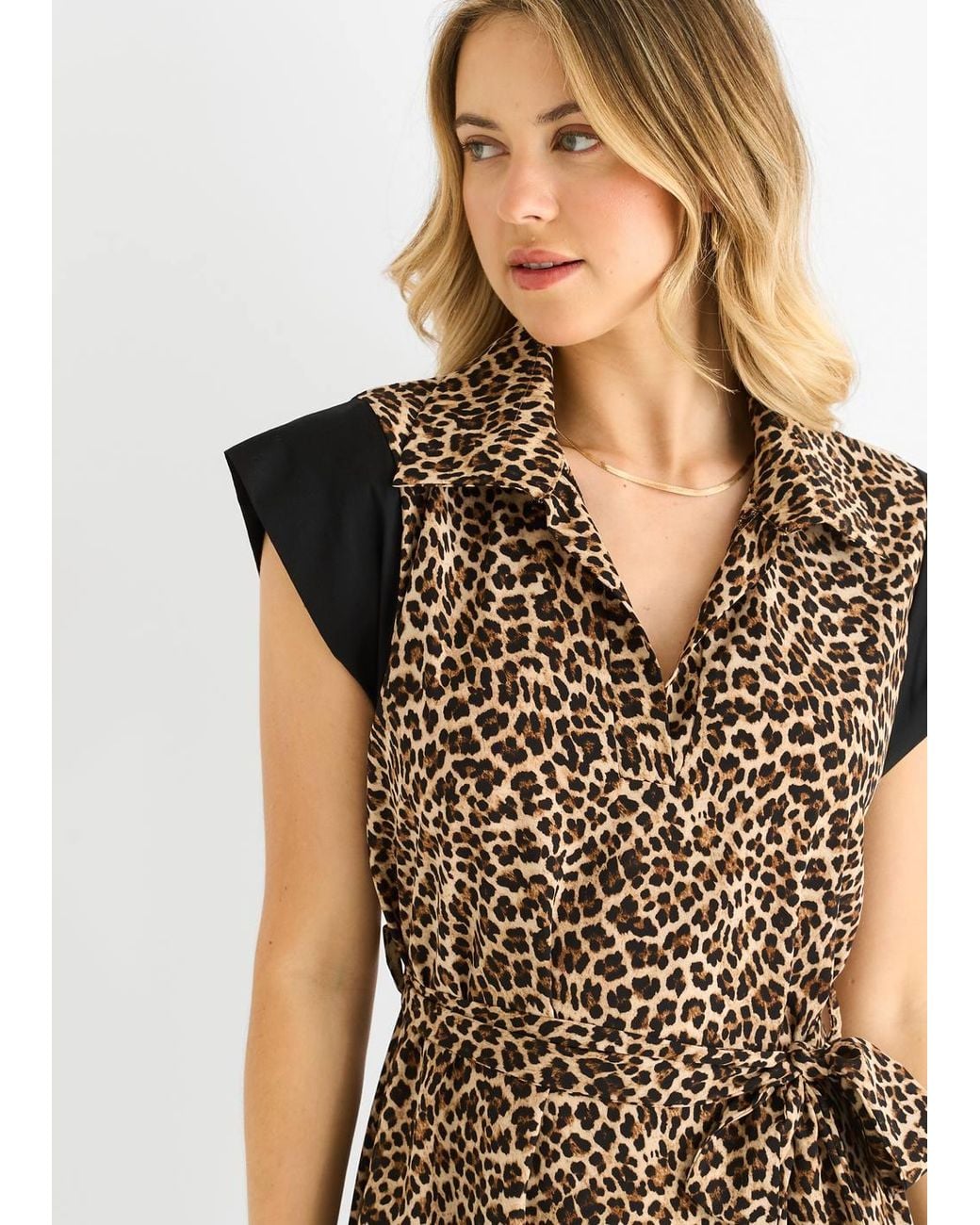 Gini London Brown Animal Contrast Panel Smock Midi Dress