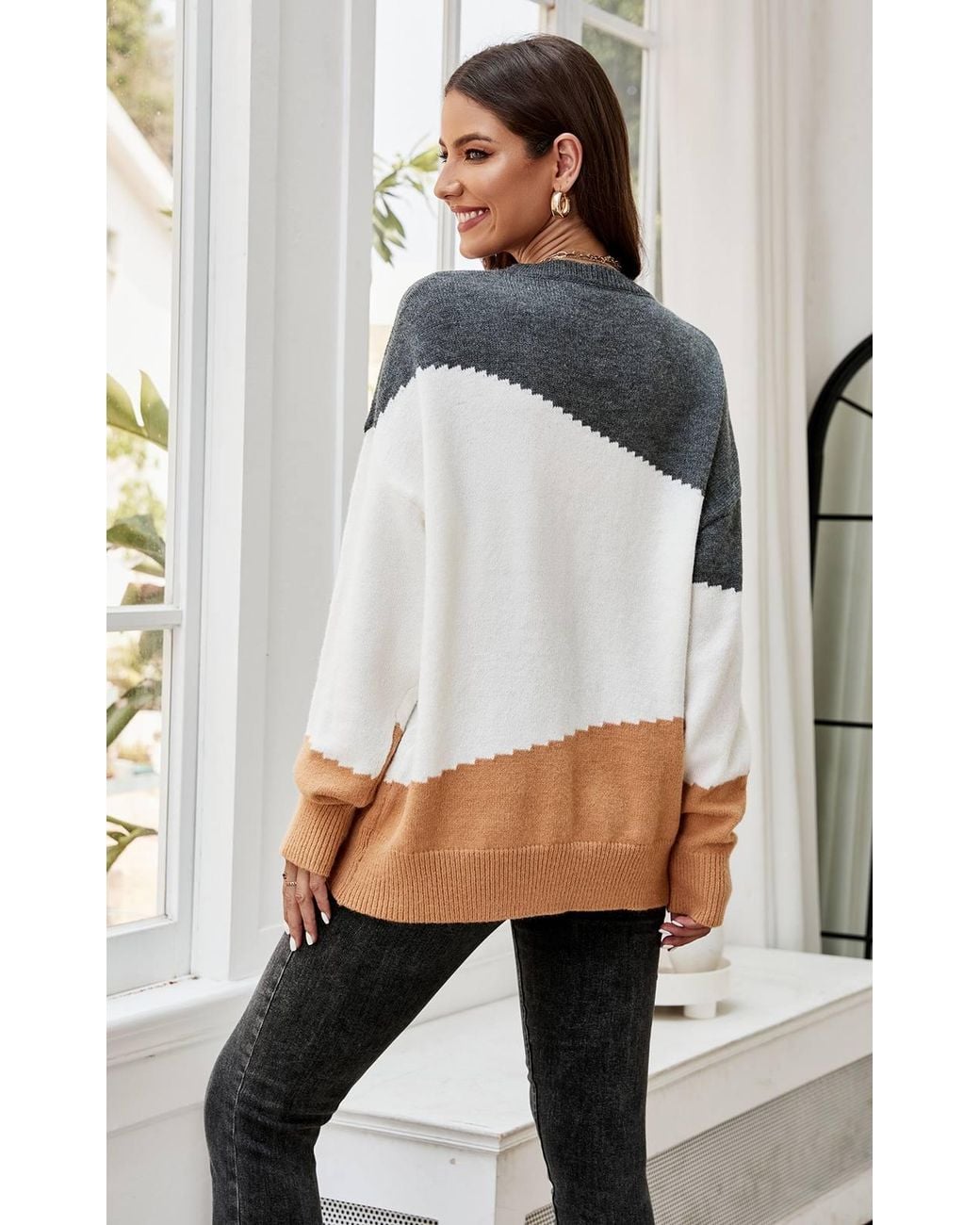 FS Collection White Camel Block Colour Jumper Top