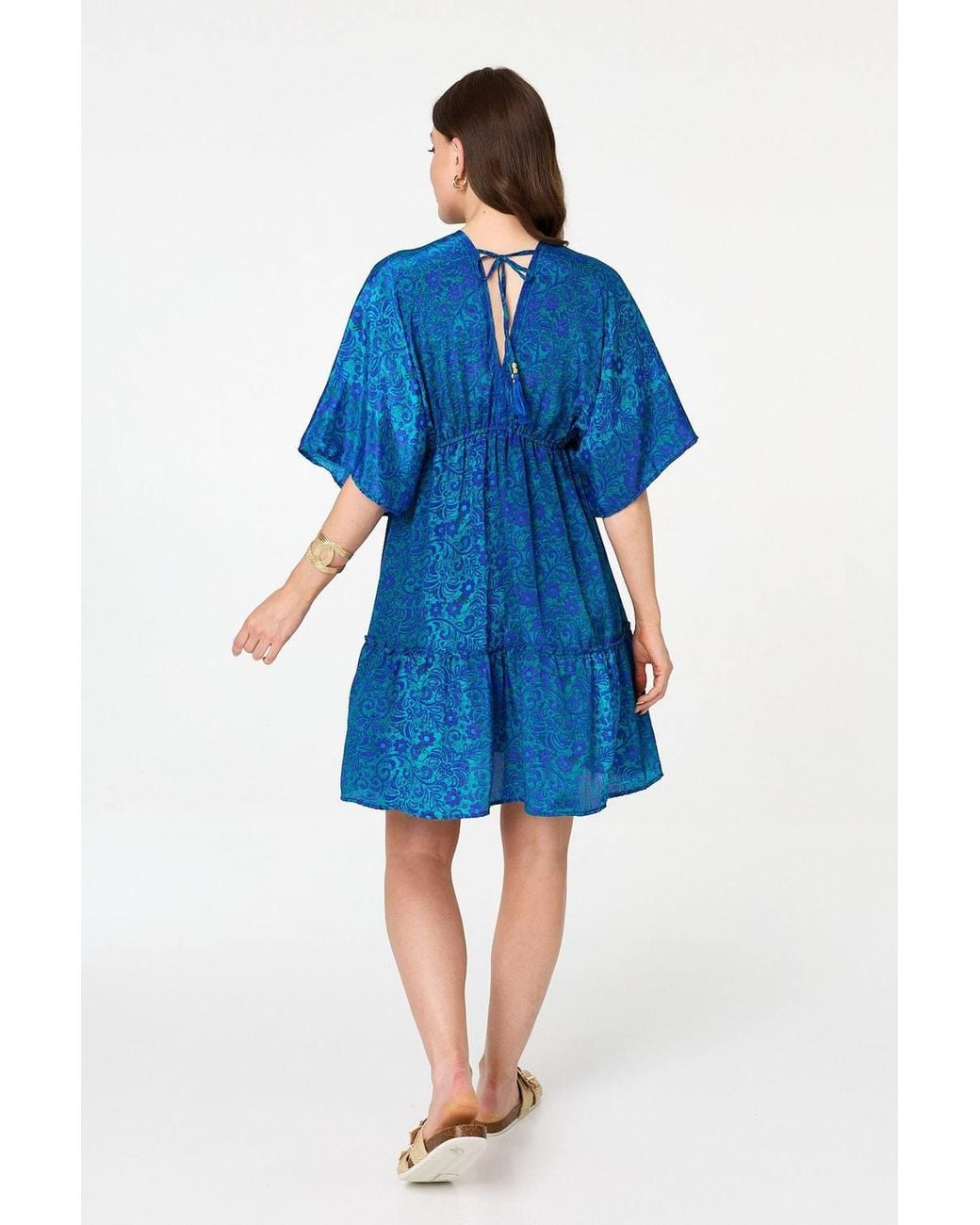Izabel London Blue Paisley 3/4 Sleeve Relaxed Short Dress