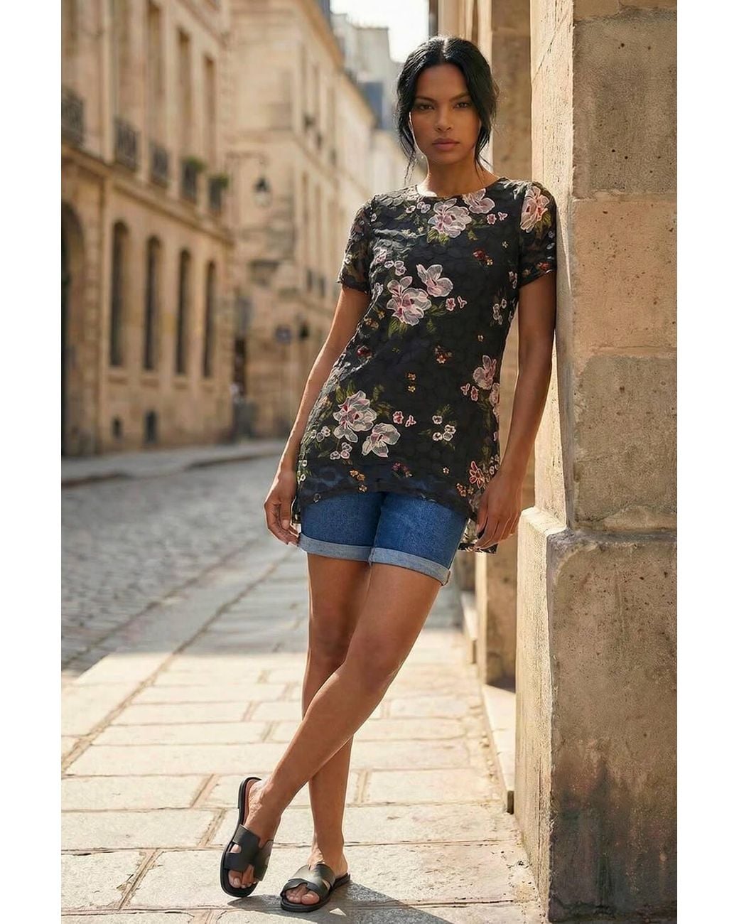 Roman Brown Floral Print Lace Stretch Top