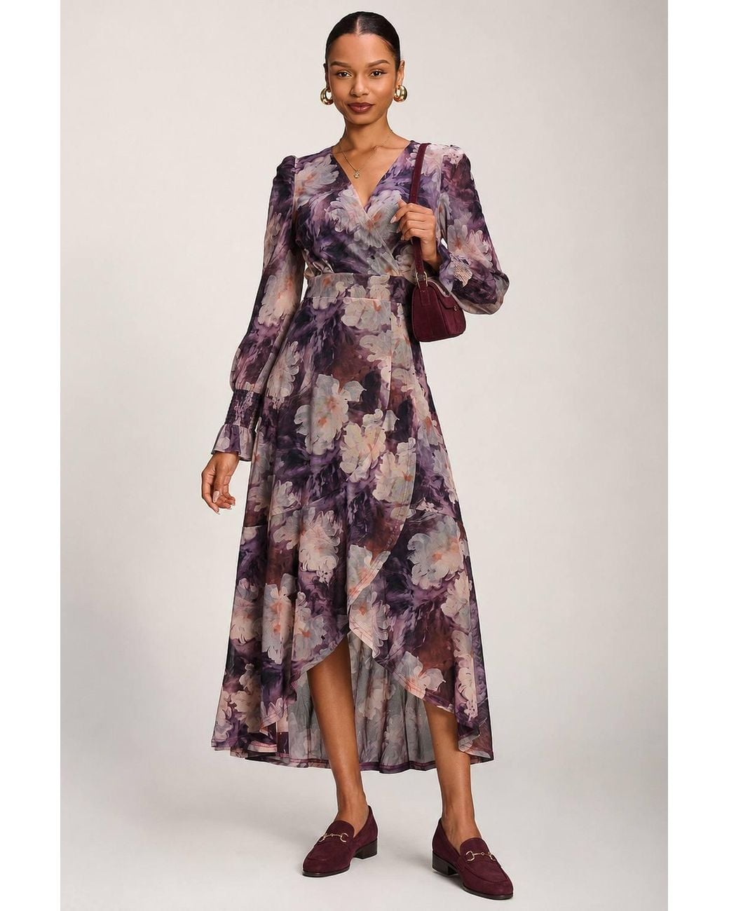 Jolie Moi Purple Ruffle Cuffed Sleeve Frill Mesh Maxi Dress
