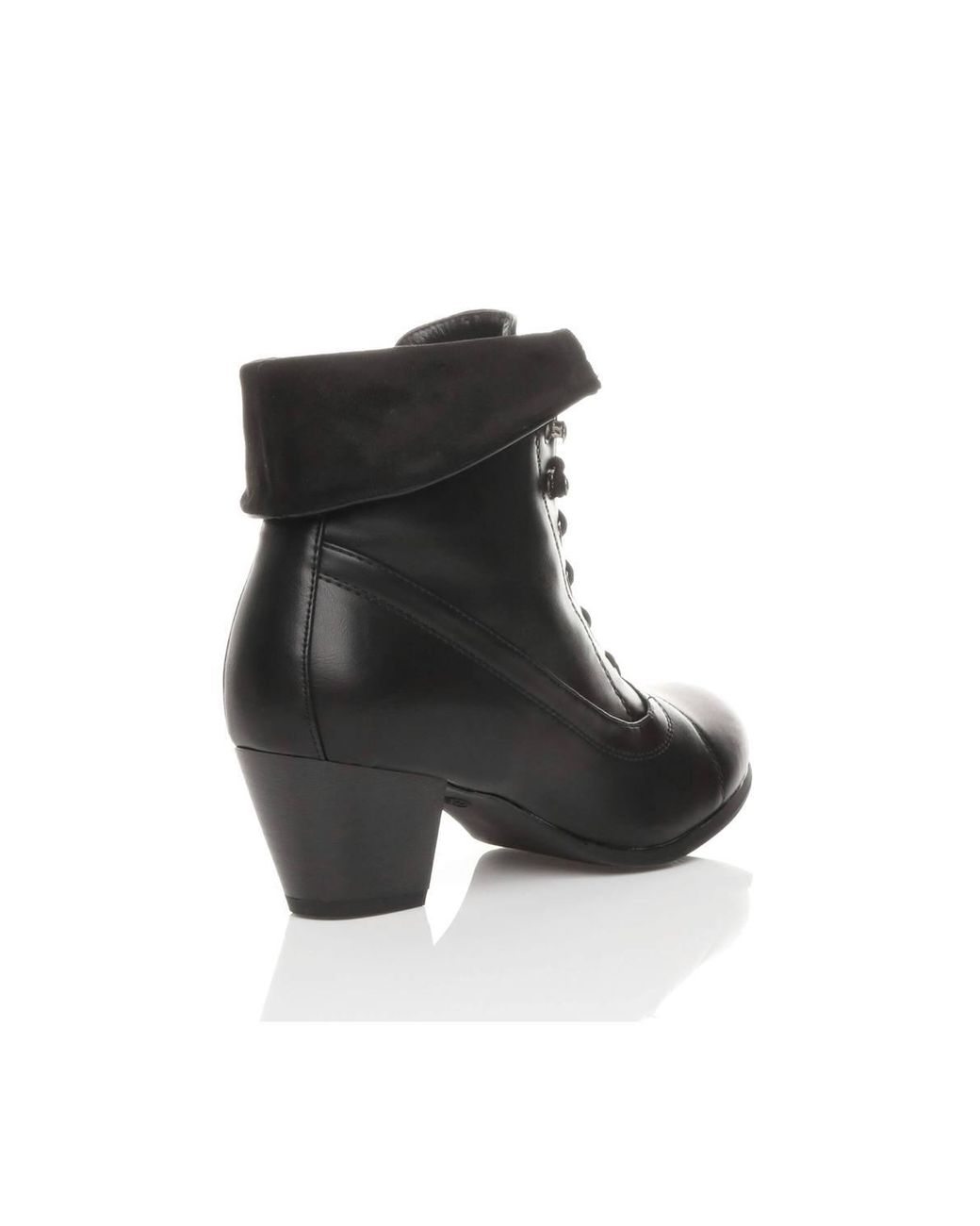 AJVANI Black Mid Cuban Heel Pixie Lace Up Granny Ankle Boots