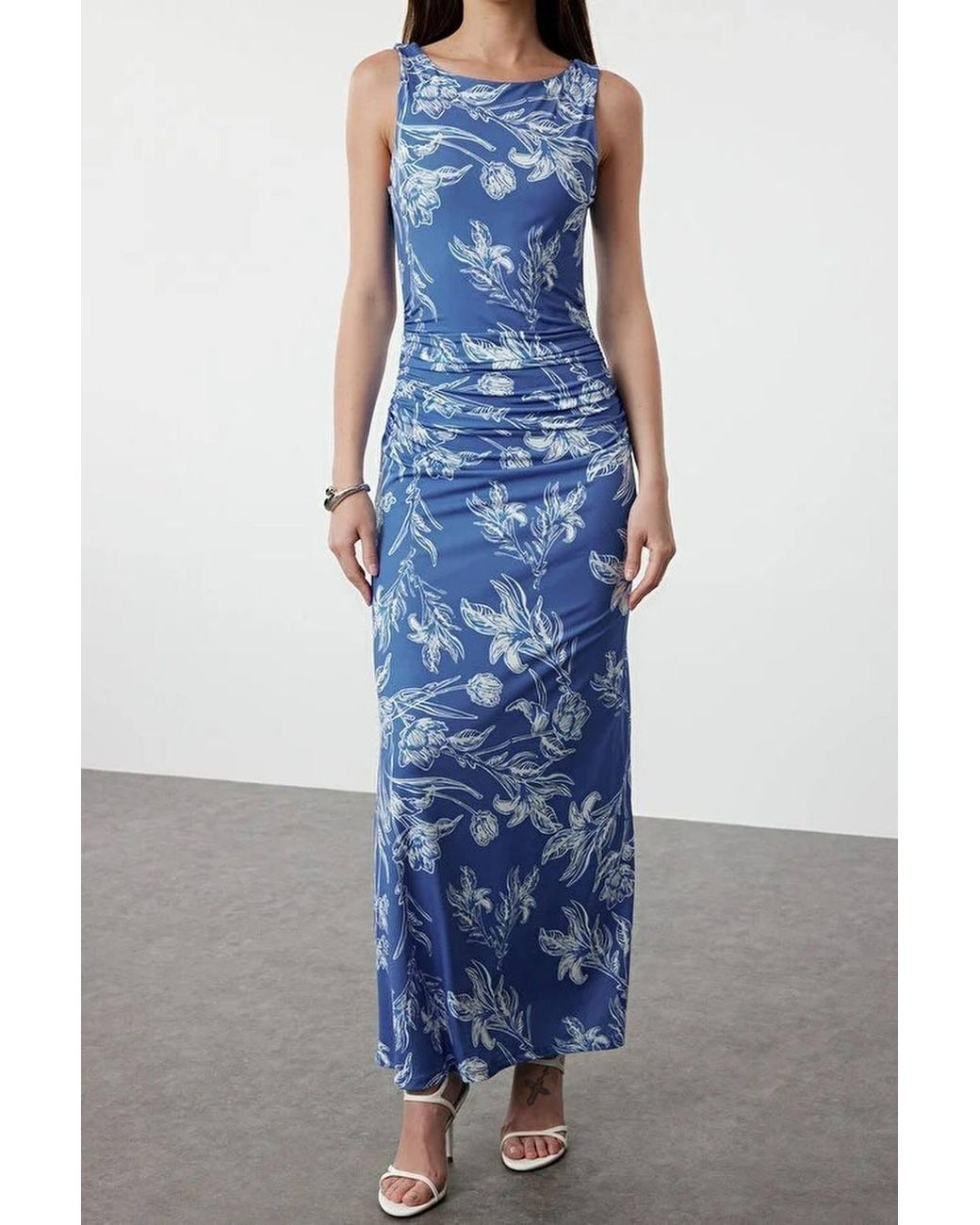 WOVCOR Blue Floral Print Ruched Sleeveless Maxi Dress